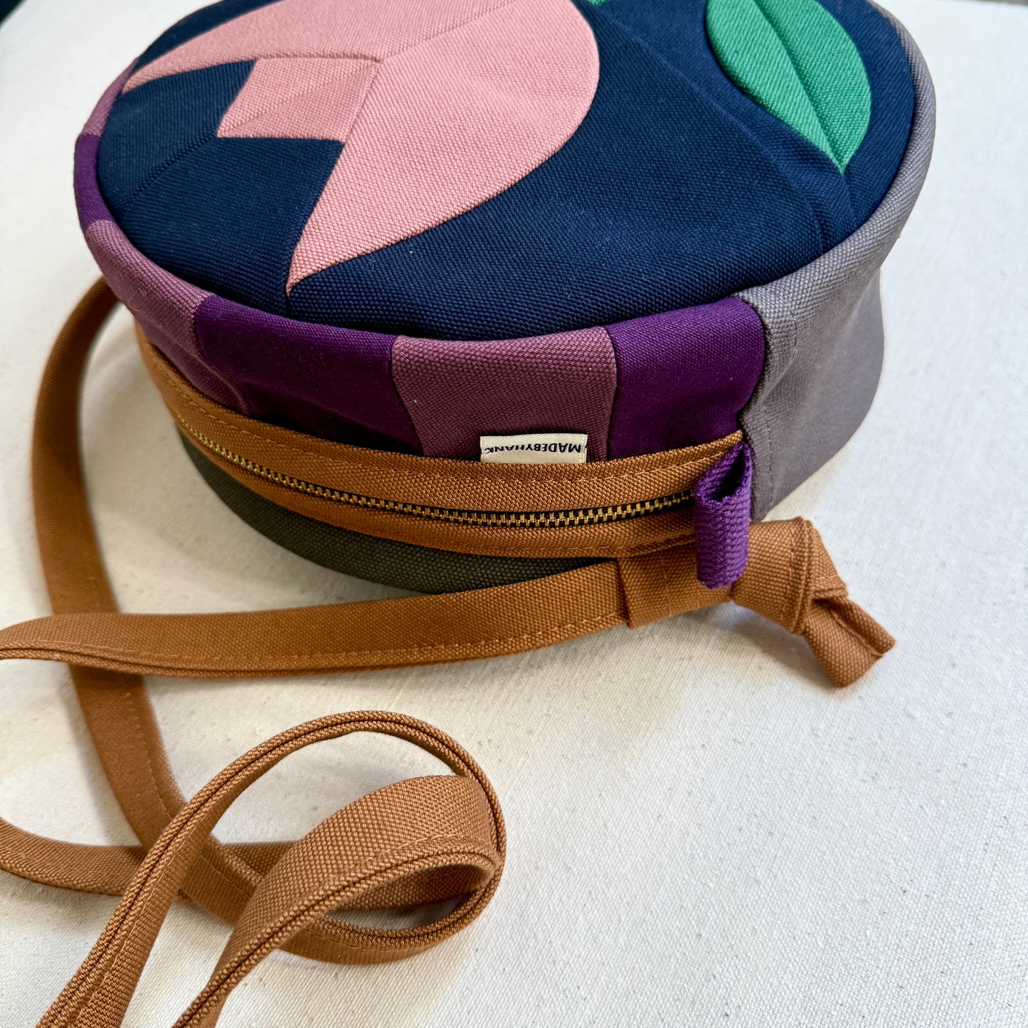 circle bag, midnight blue with mauve tulip and plum+eggplant checkerboard