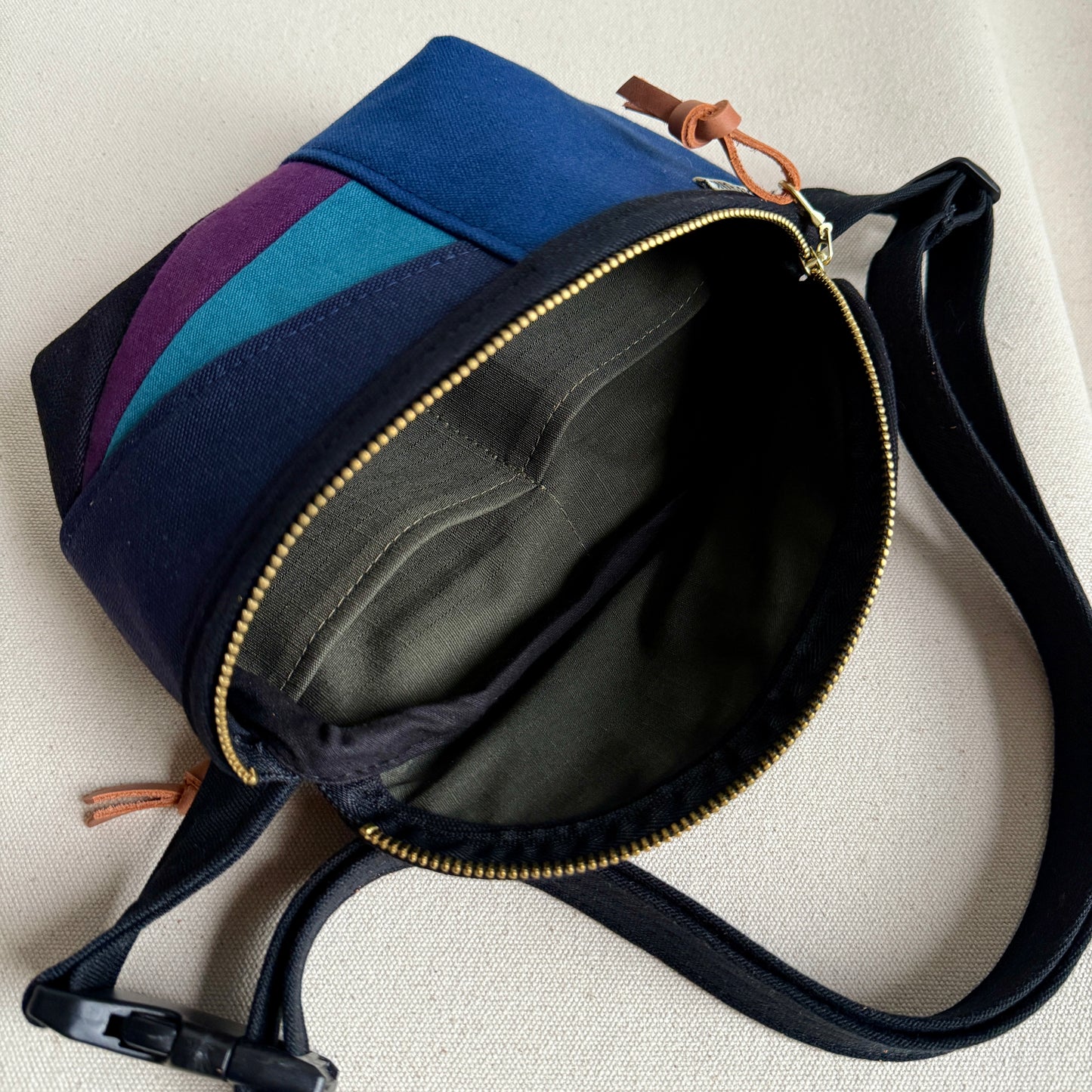color block fanny bag, black with midnight/plum/eggplant/navy etc