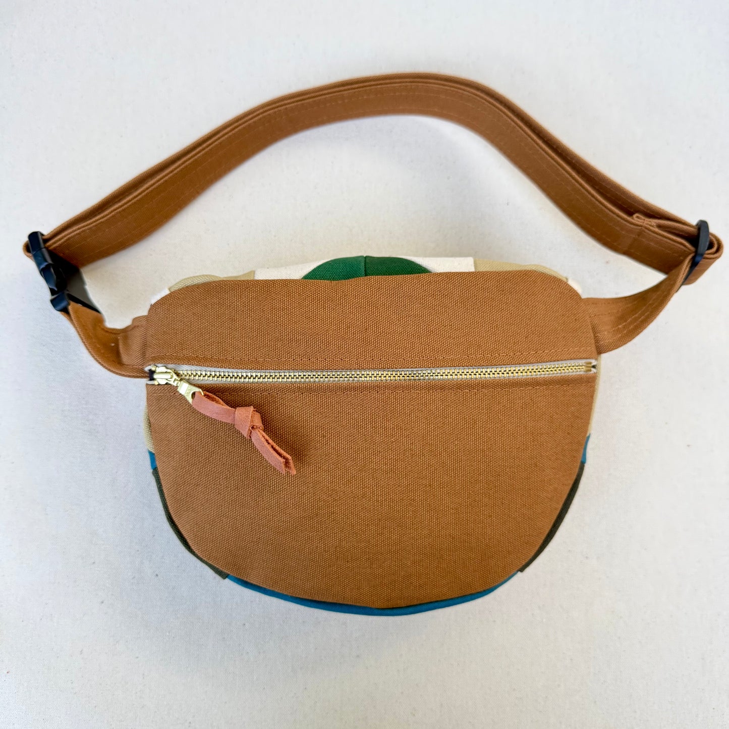 kaleidoscope fanny bag, muted teal/deep jade/aqua/lemon
