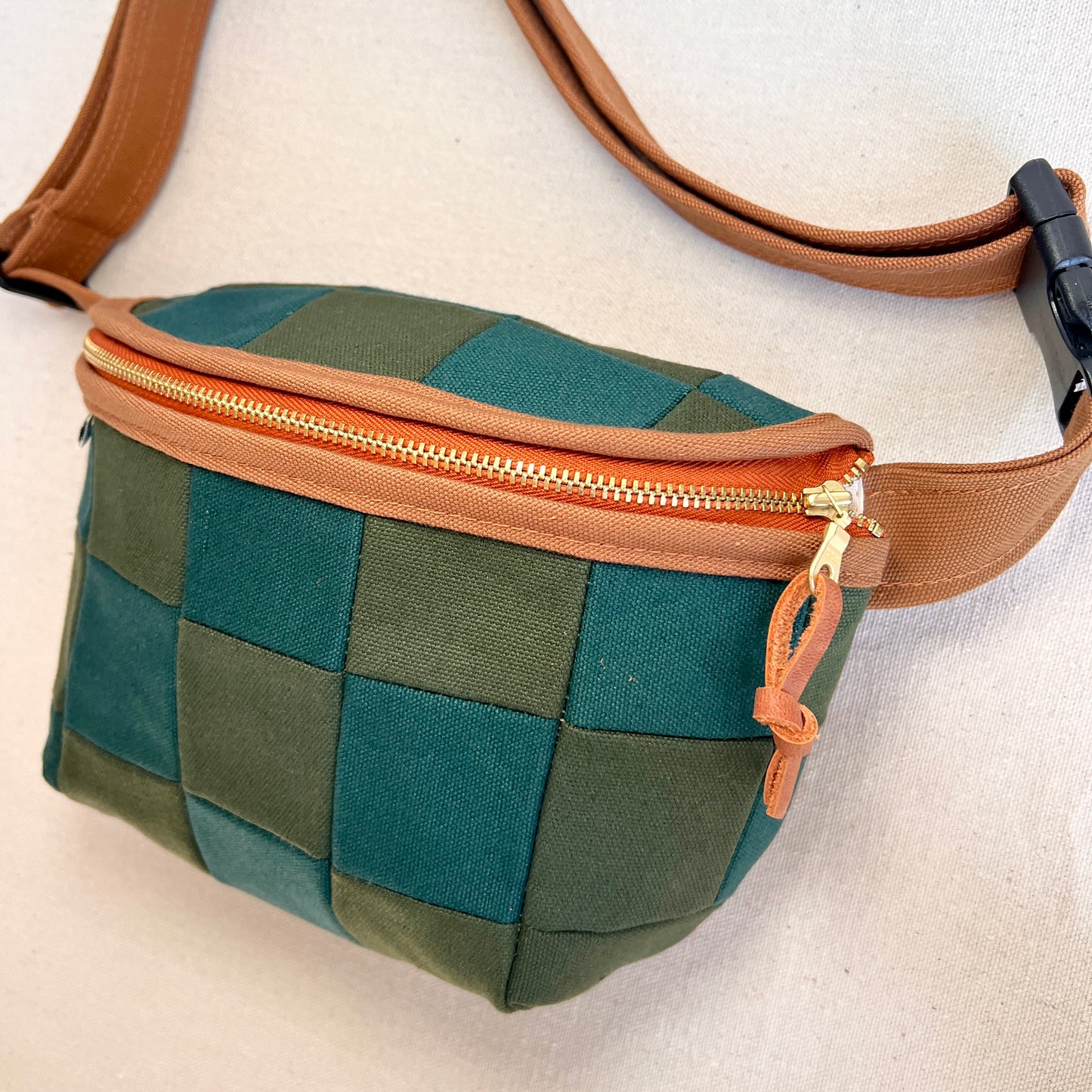 checkerboard fanny bag, forest + spruce with caramel trim