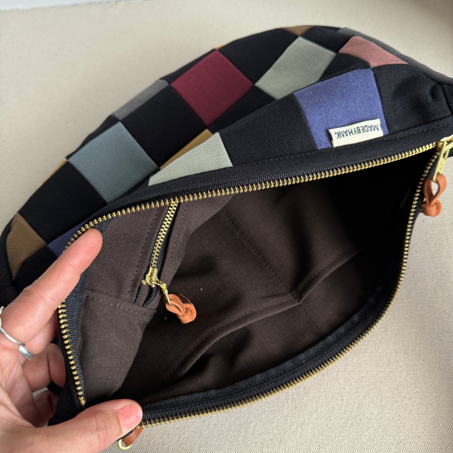 checkerboard crescent bag, black with multi