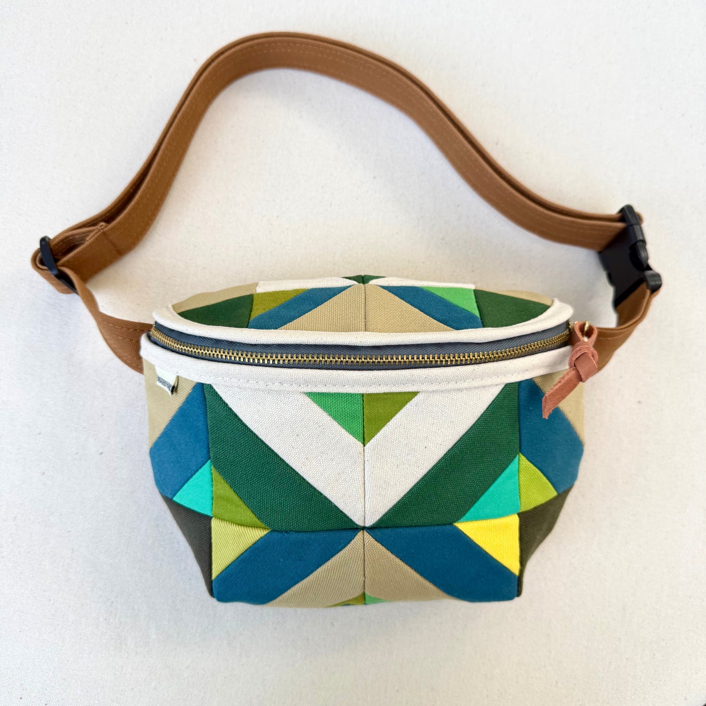 kaleidoscope fanny bag, muted teal/deep jade/aqua/lemon