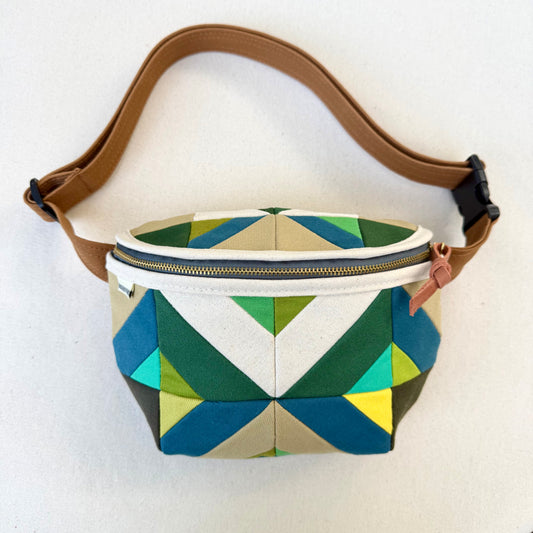 kaleidoscope fanny bag, muted teal/deep jade/aqua/lemon