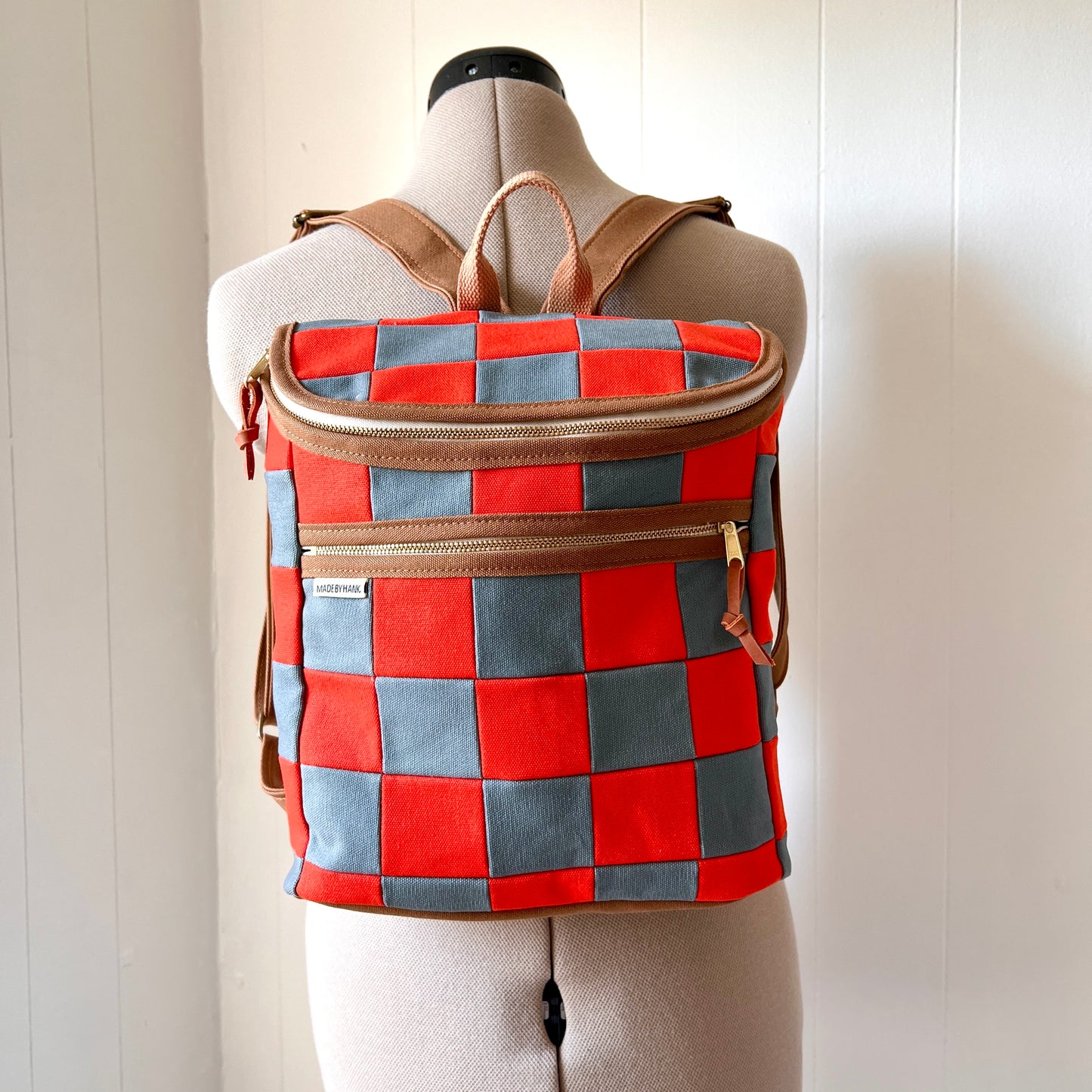 checkerboard backpack, tangerine + steel blue