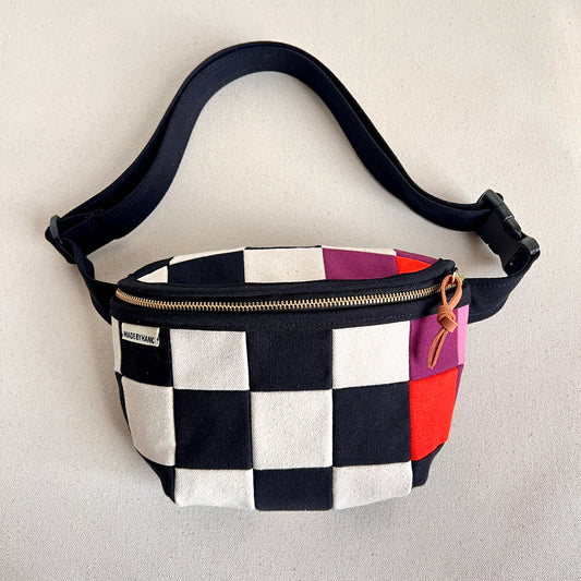 checkerboard fanny bag, black+natural with wine+orange+pink