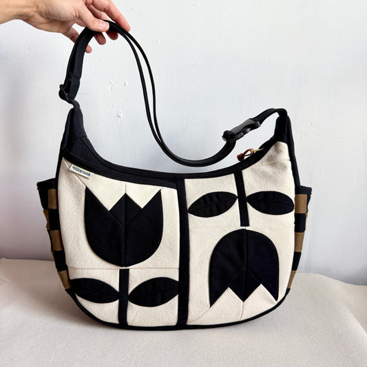 **PRE-ORDER** Large Crescent Shoulder Bag, Natural with Black Tulips