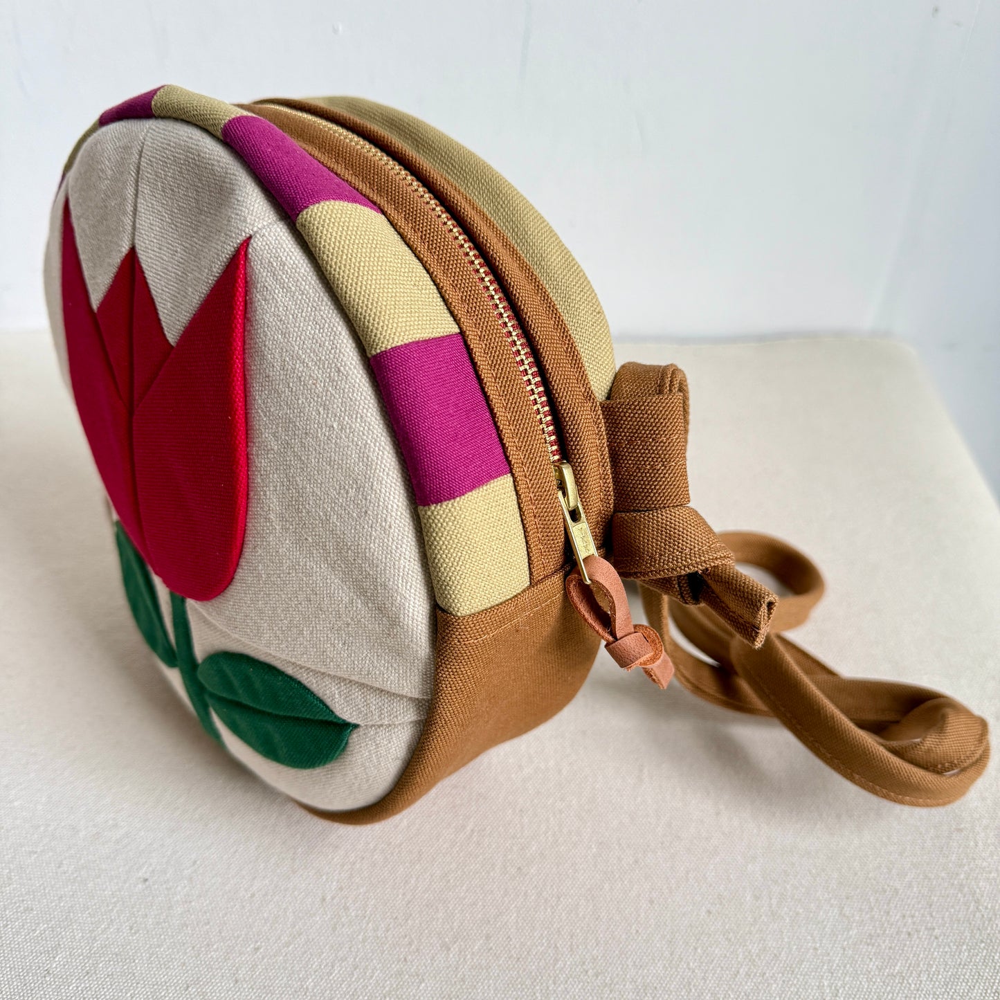 Circle Bag, Red Tulip with honey + Raspberry Checkerboard