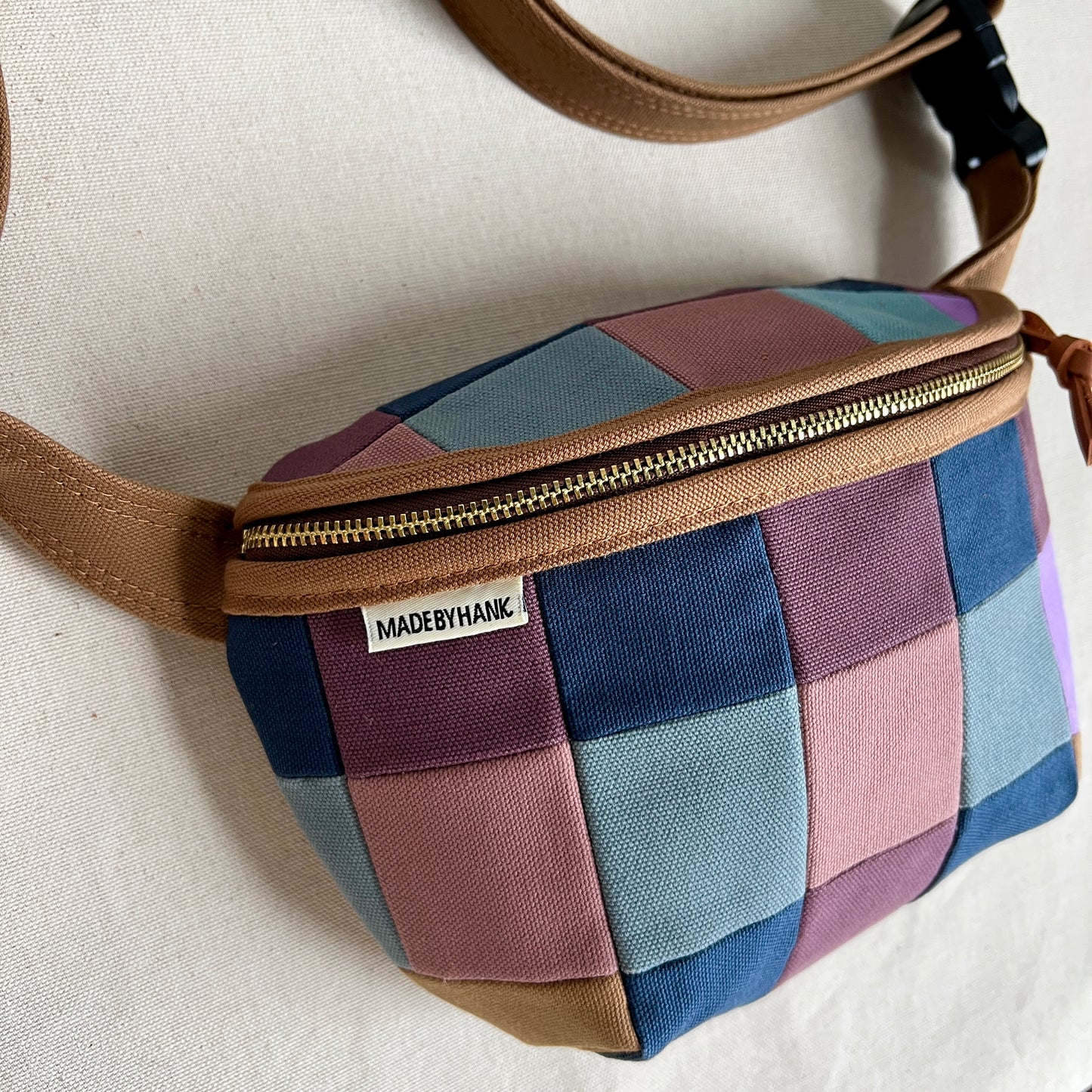 checkerboard plaid fanny bag, mauve/navy/steel/dried plum