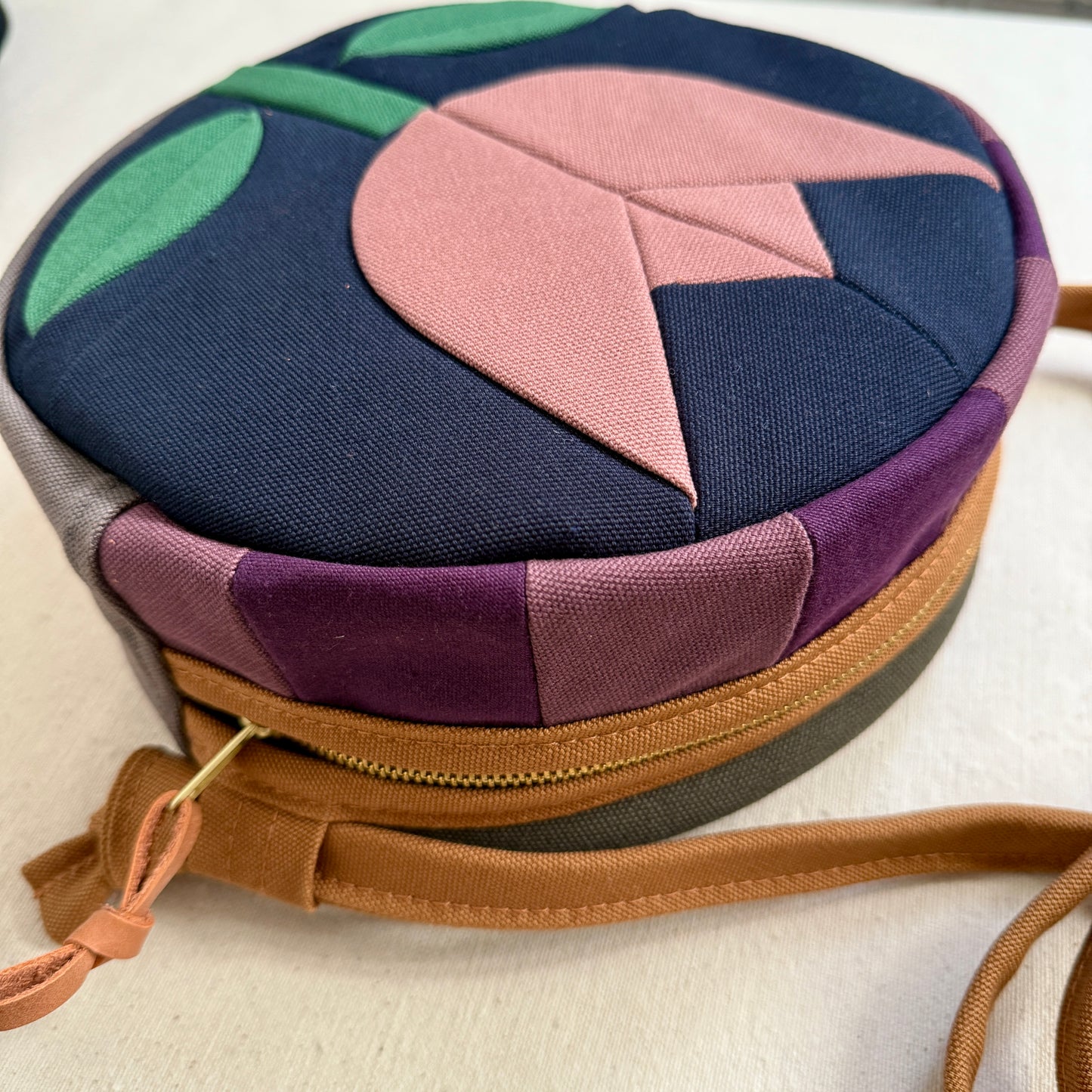 circle bag, midnight blue with mauve tulip and plum+eggplant checkerboard
