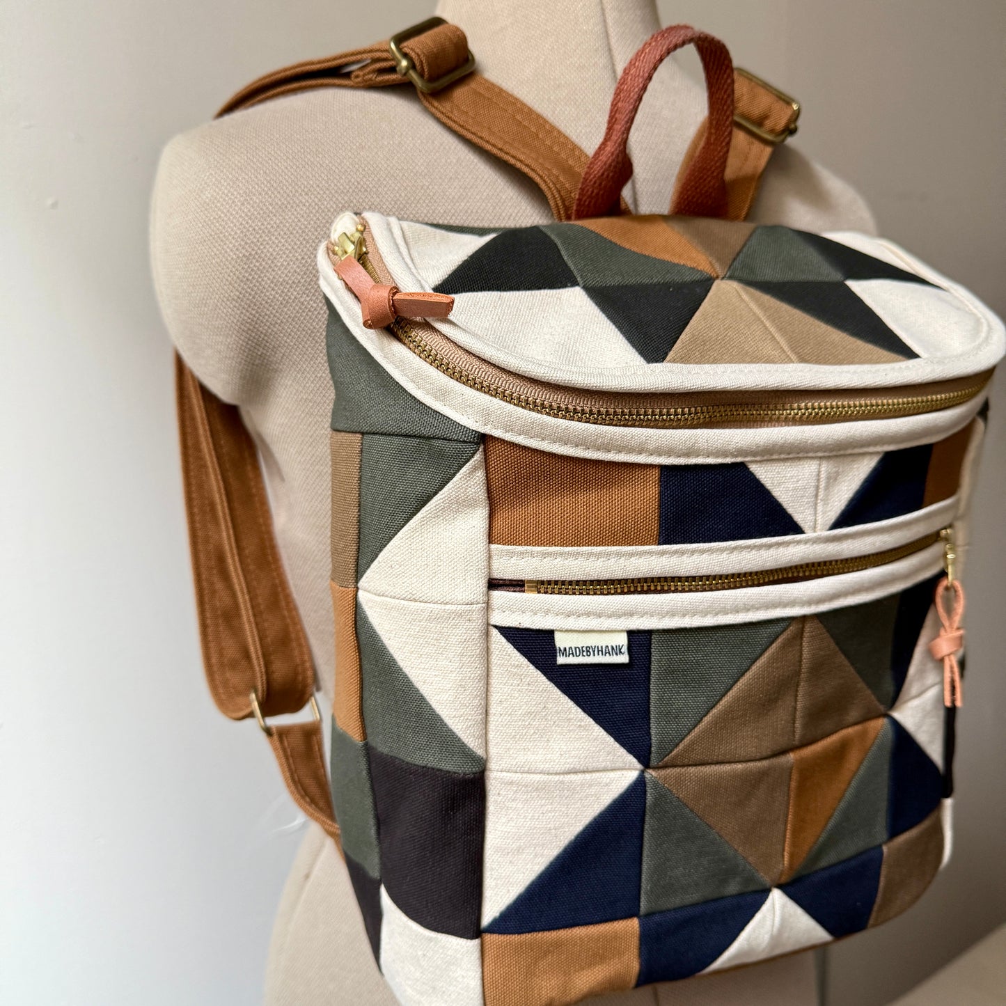 original size backpack, natural quilt star with dark sage green/midnight blue/mushroom/caramel