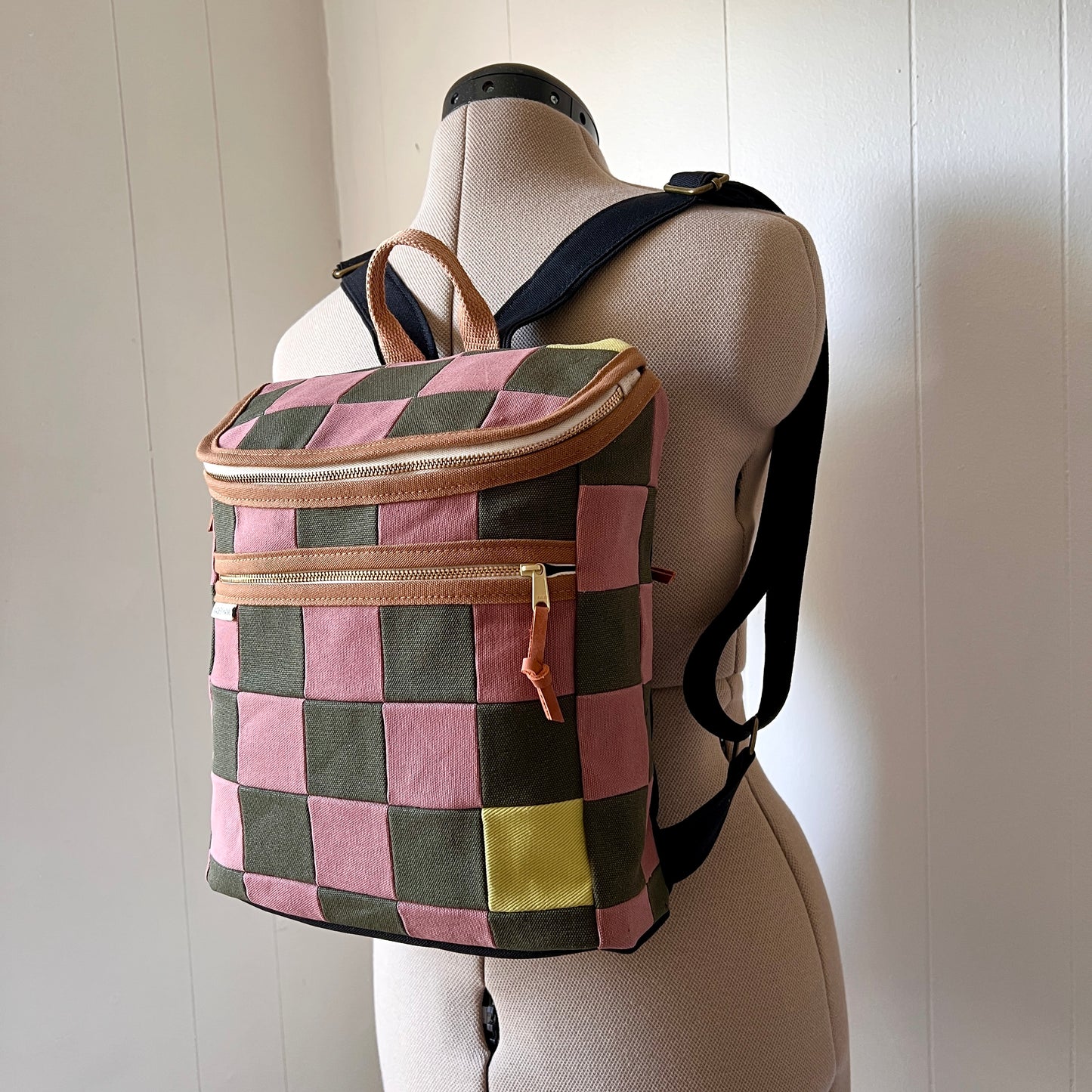 checkerboard backpack, mauve + forest