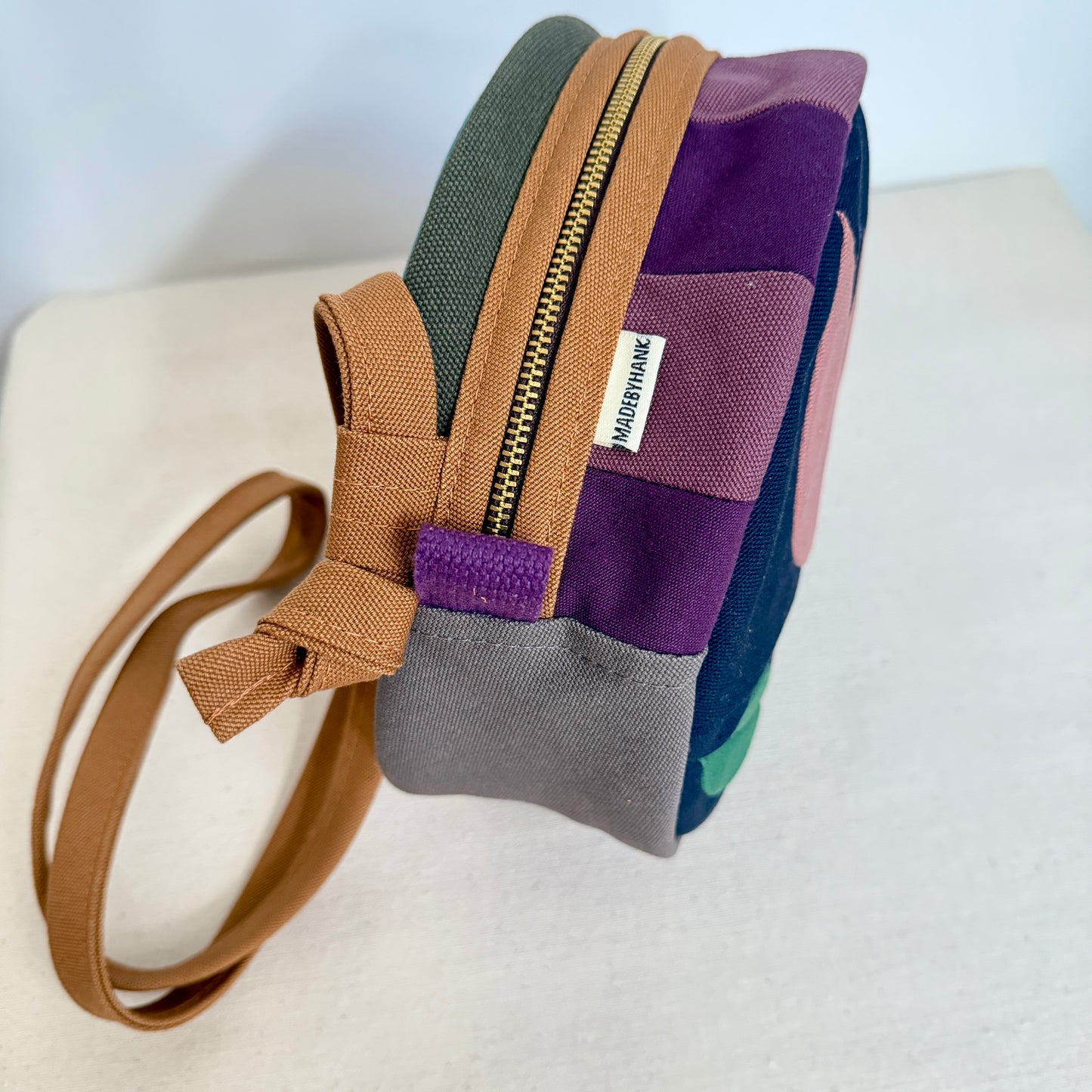 circle bag, midnight blue with mauve tulip and plum+eggplant checkerboard