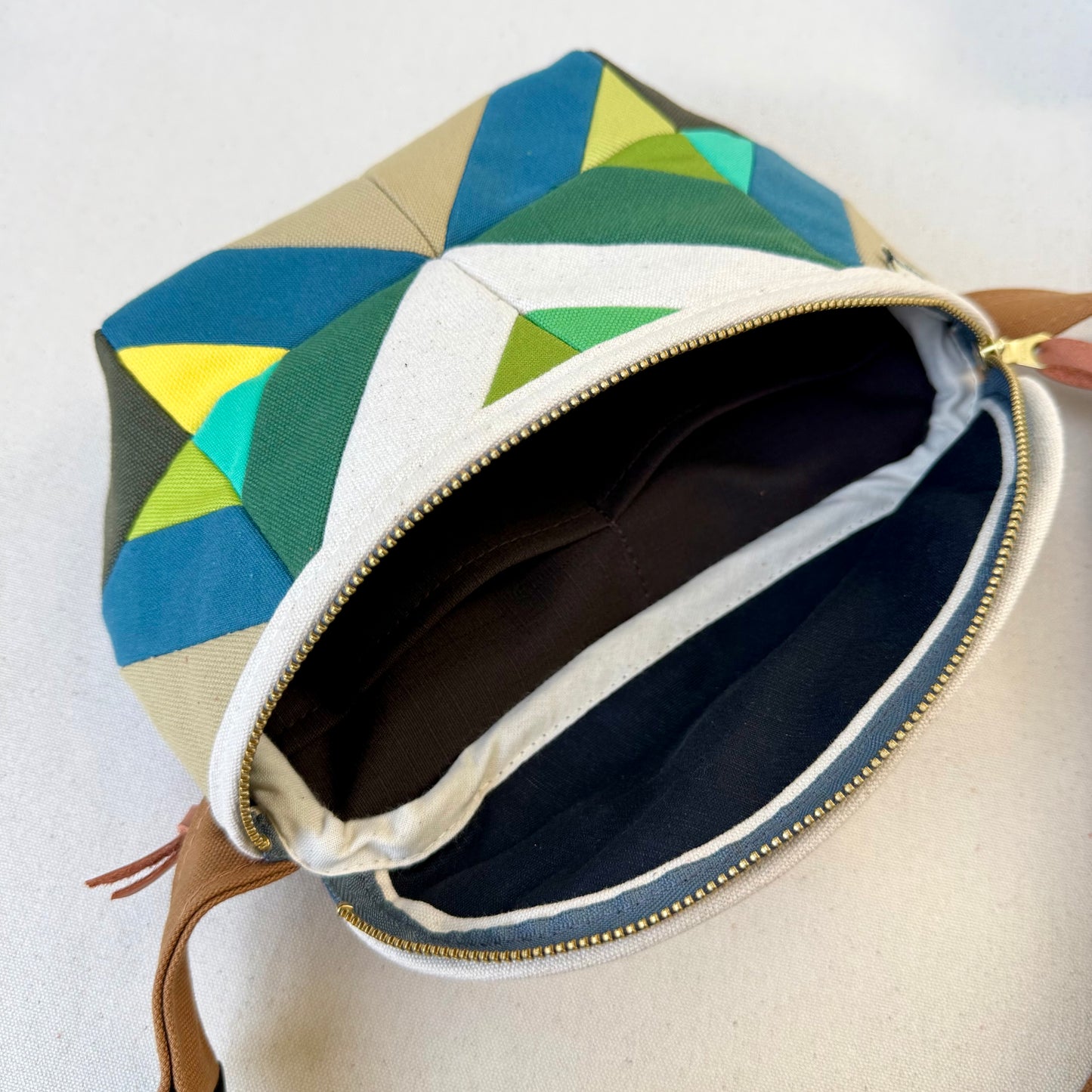 kaleidoscope fanny bag, muted teal/deep jade/aqua/lemon