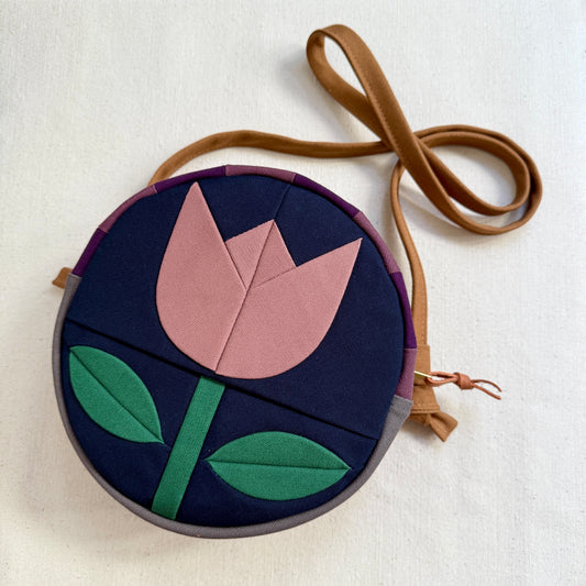 circle bag, midnight blue with mauve tulip and plum+eggplant checkerboard