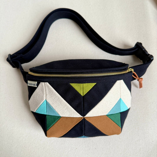 kaleidoscope fanny bag, black with natural/aqua/jade/caramel