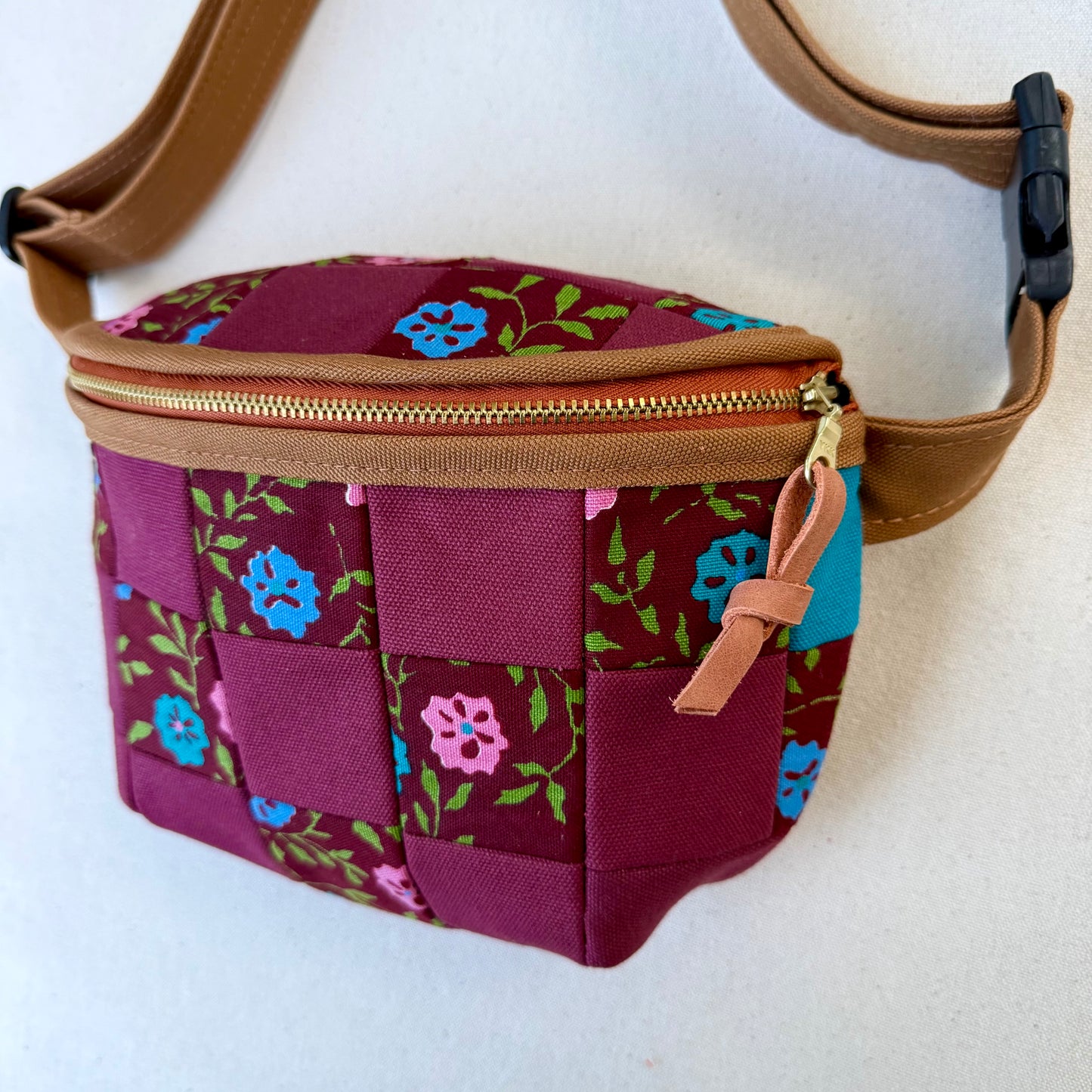 checkerboard fanny bag, wine and vintage floral print
