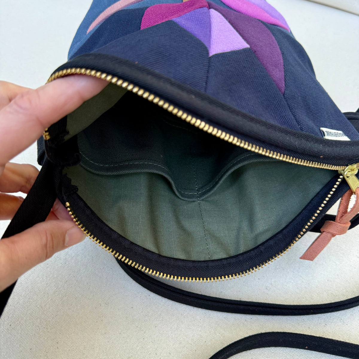 The Emmy Crossbody, pieced work tulip in midnight and dusk blue with purples+mauves