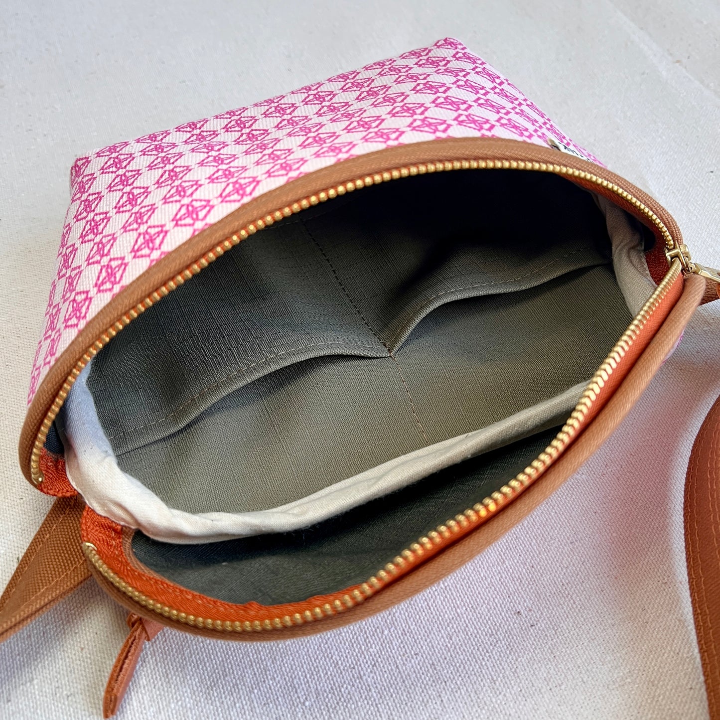 petite fanny bag in hot pink print with caramel trim
