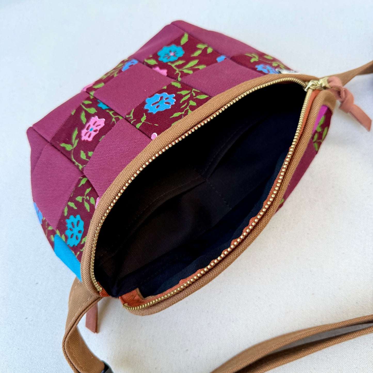 checkerboard fanny bag, wine and vintage floral print