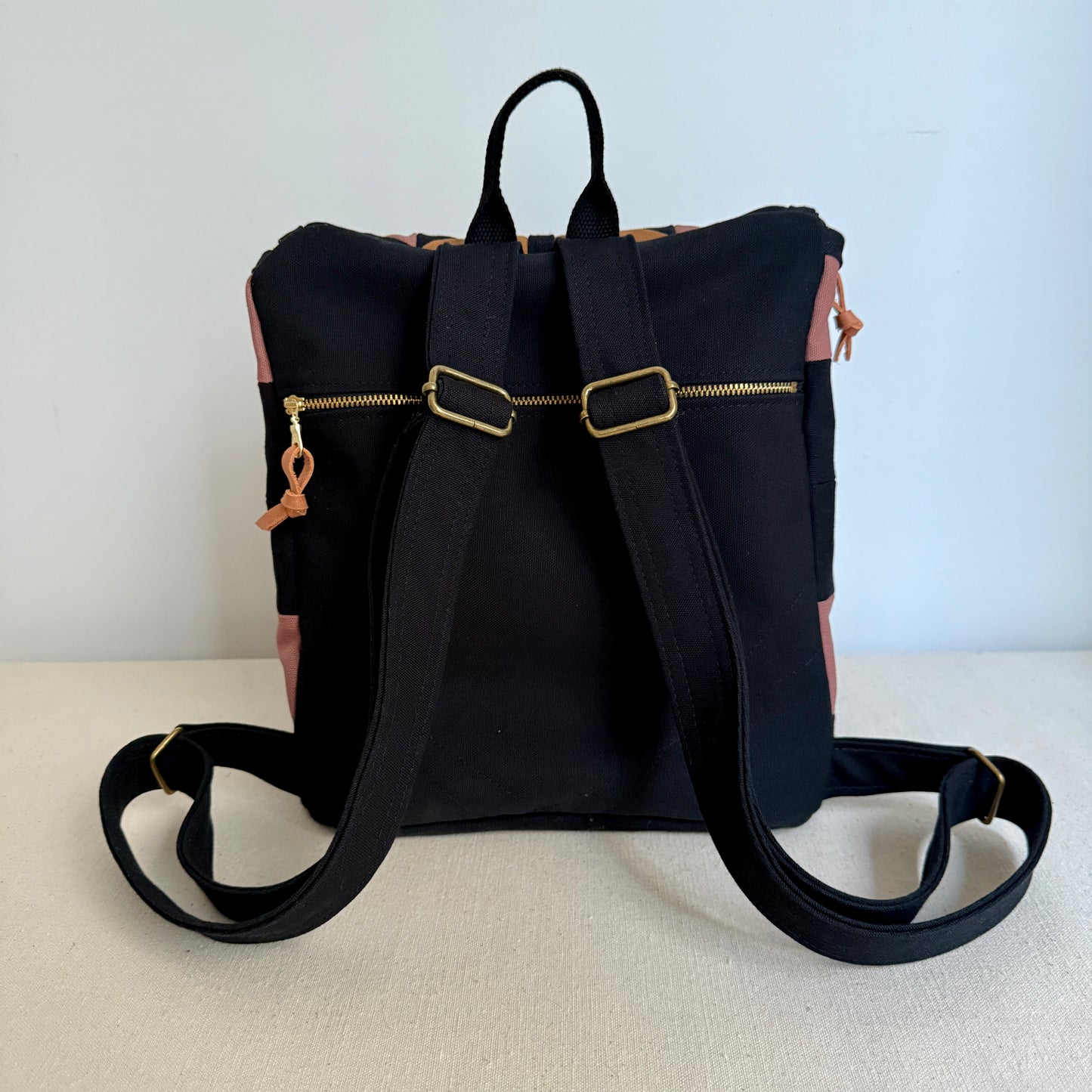 original size backpack, black quilt star with mauve and caramel