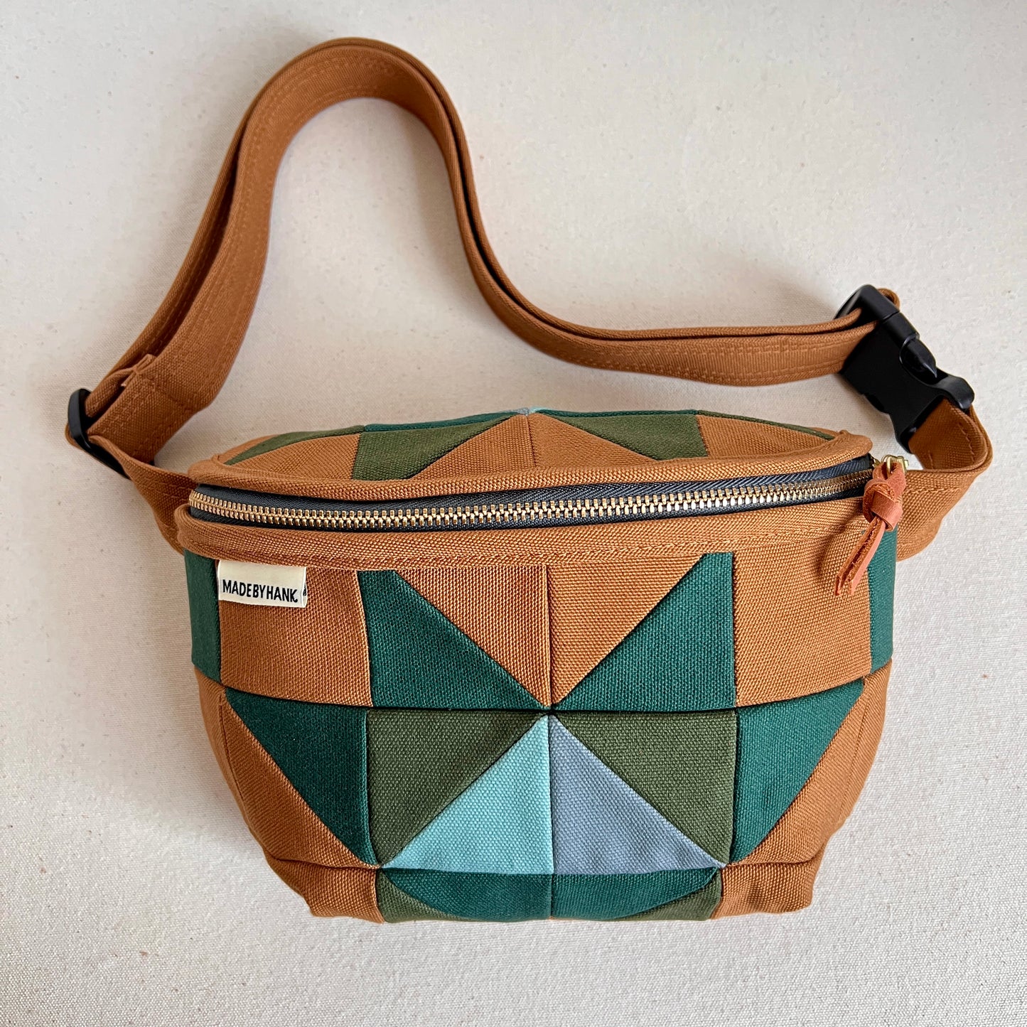 quilt star fanny bag, caramel with spruce/forest/seaglass