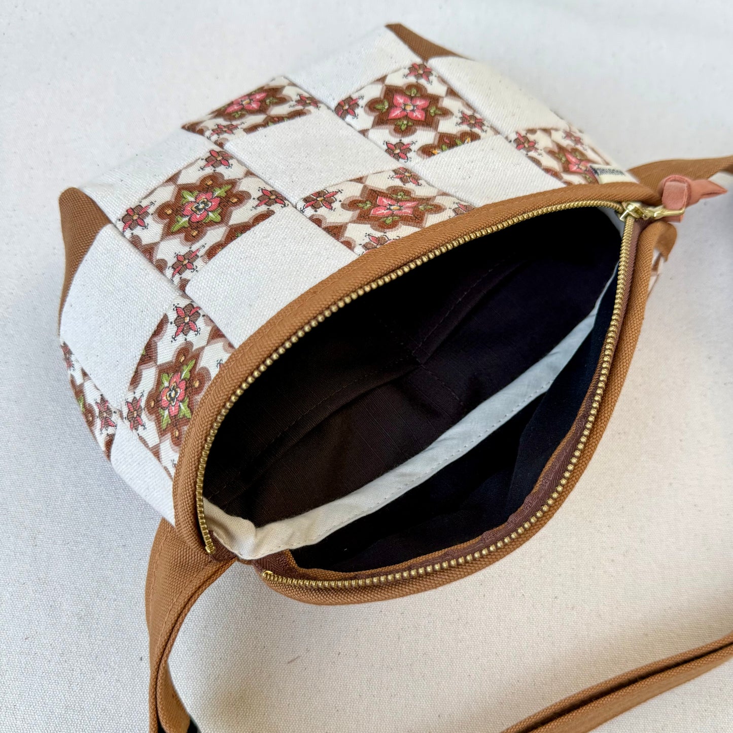 checkerboard fanny bag, natural with caramel + mauve vintage print