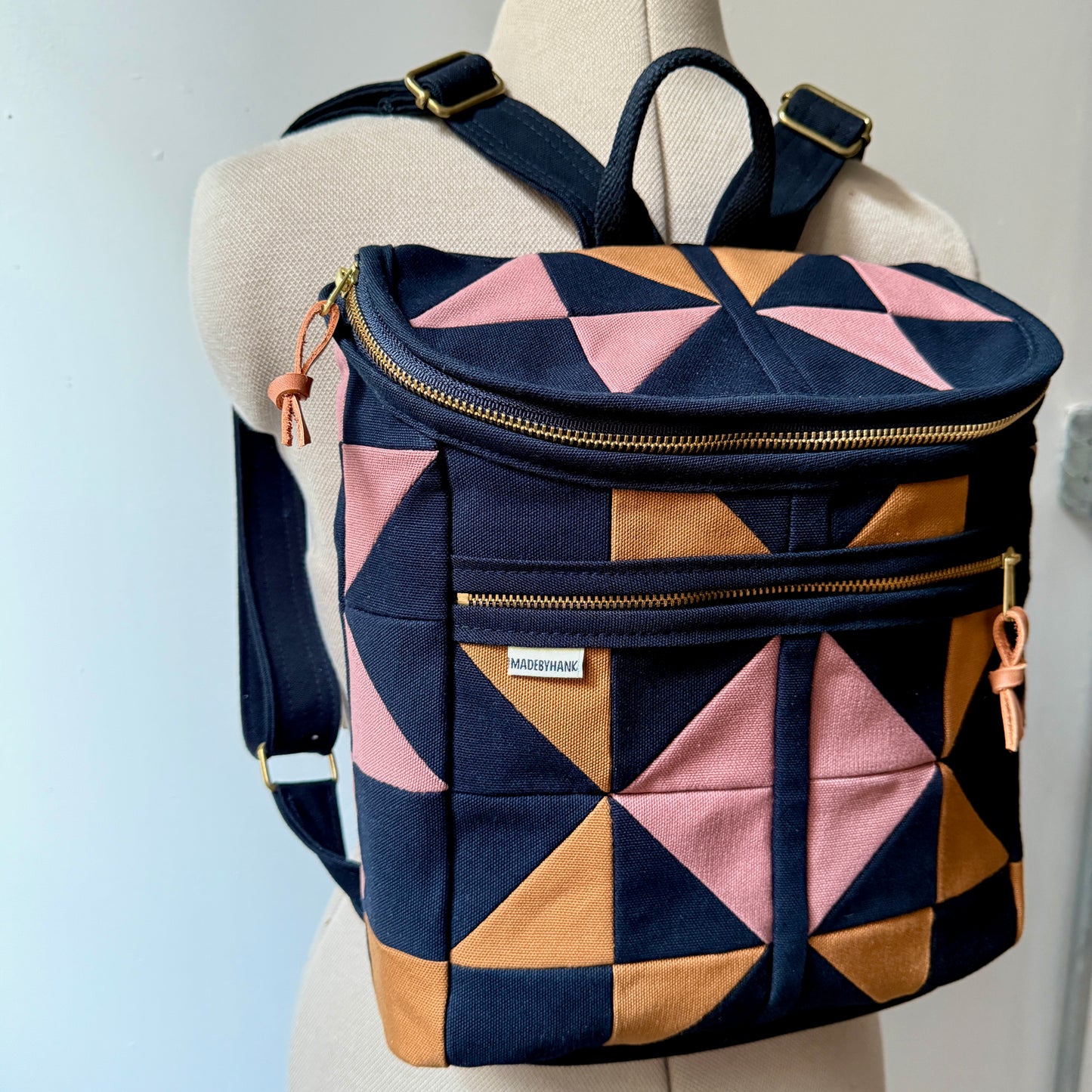 original size backpack, black quilt star with mauve and caramel