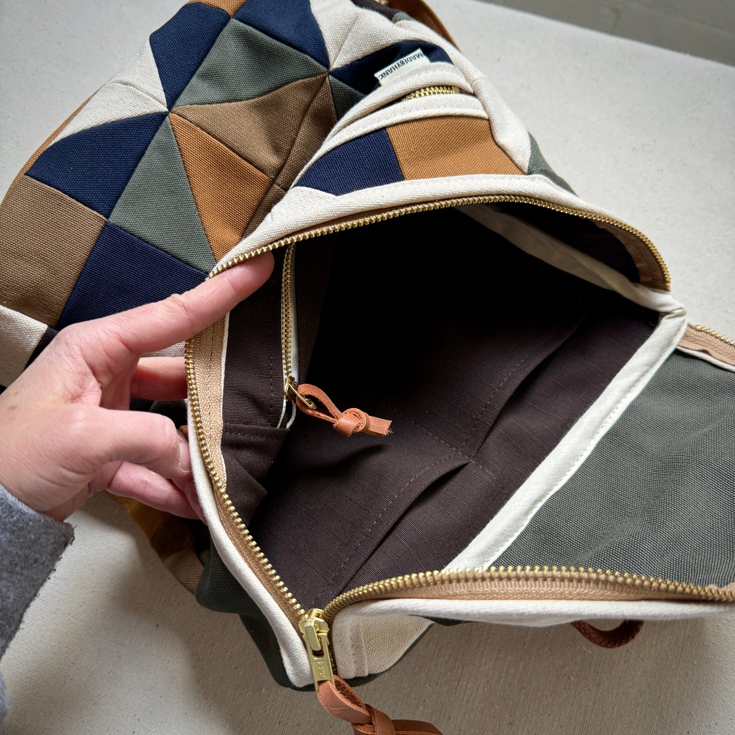 original size backpack, natural quilt star with dark sage green/midnight blue/mushroom/caramel