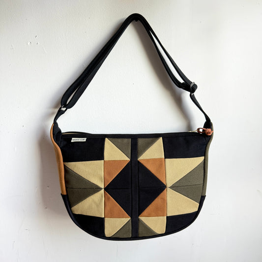 crescent shoulder bag, black with honey/ forest/caramel