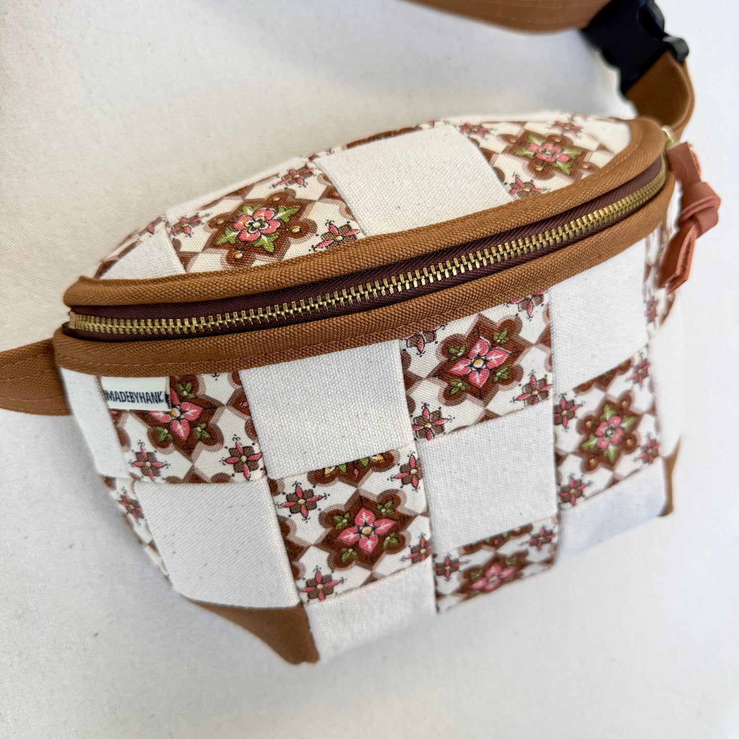checkerboard fanny bag, natural with caramel + mauve vintage print