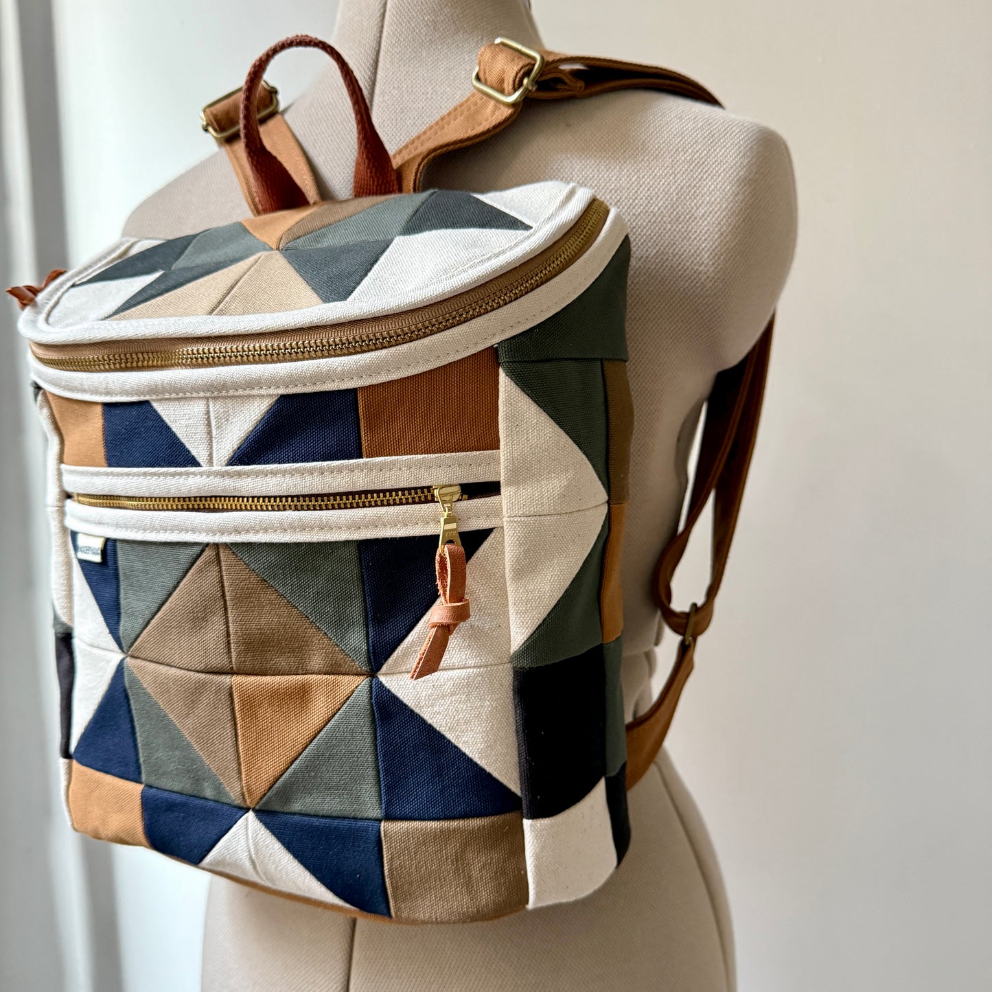 original size backpack, natural quilt star with dark sage green/midnight blue/mushroom/caramel
