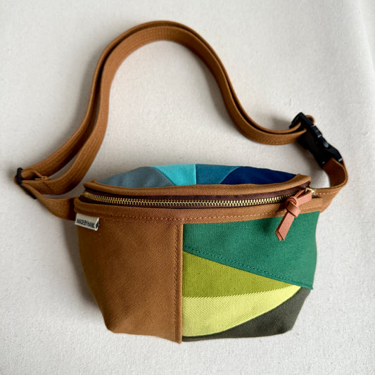 color block fanny bag, caramel with greens and blues