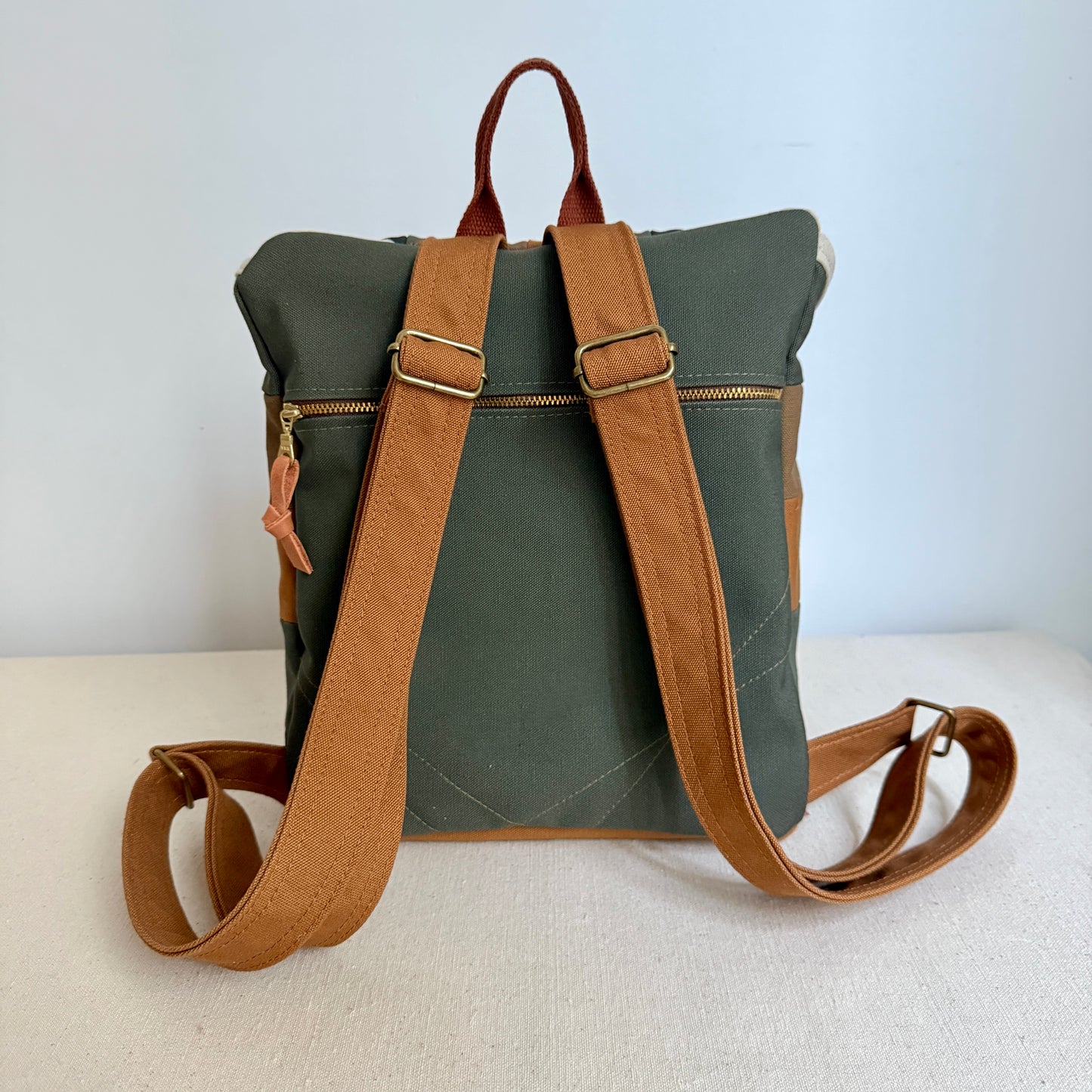 original size backpack, natural quilt star with dark sage green/midnight blue/mushroom/caramel