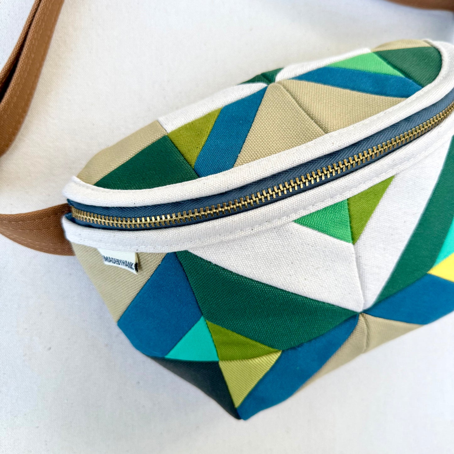 kaleidoscope fanny bag, muted teal/deep jade/aqua/lemon