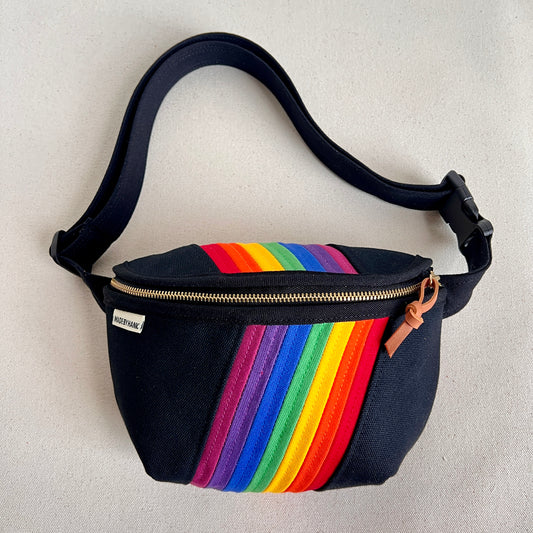 retro stripes fanny bag, black with rainbow-y