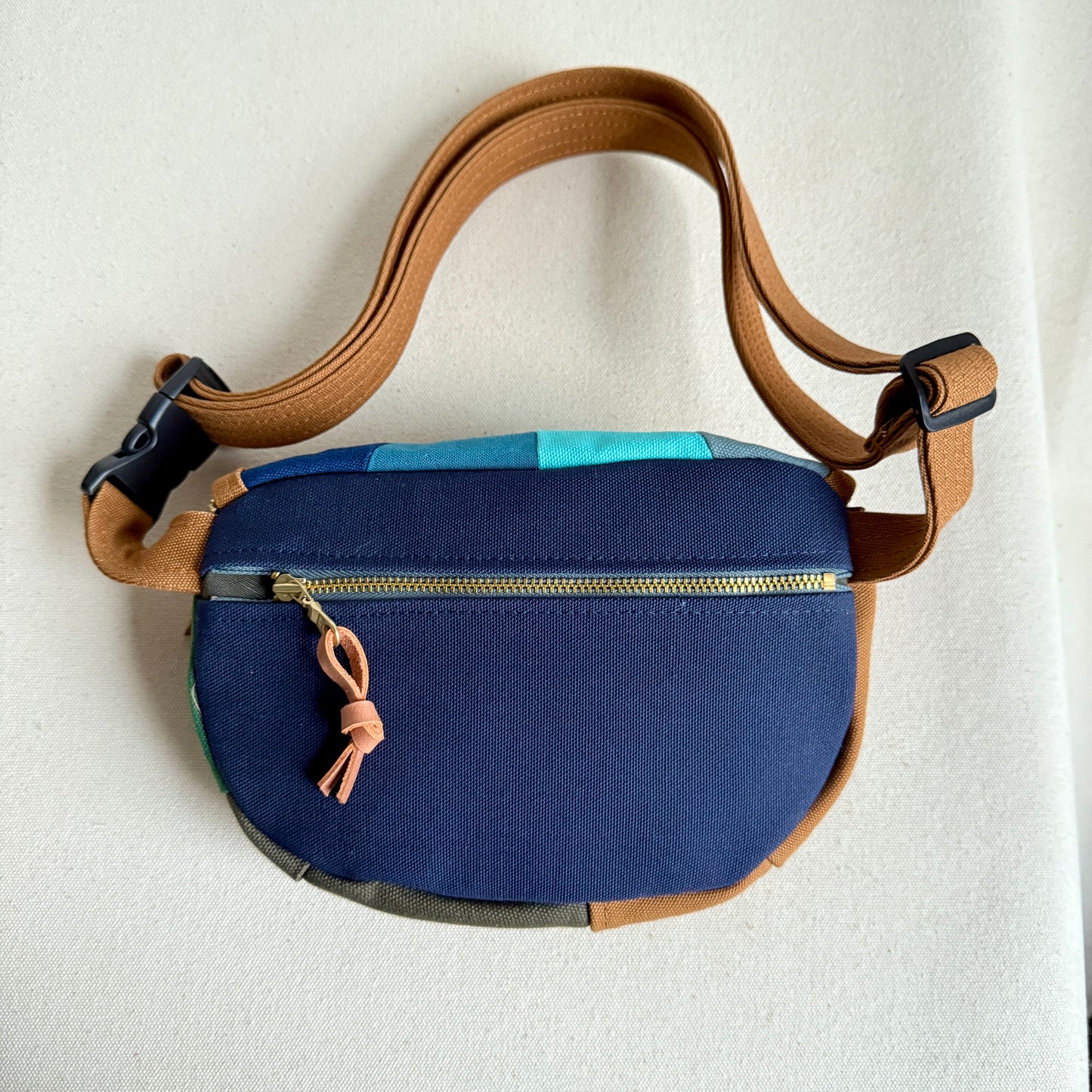 color block fanny bag, caramel with greens and blues