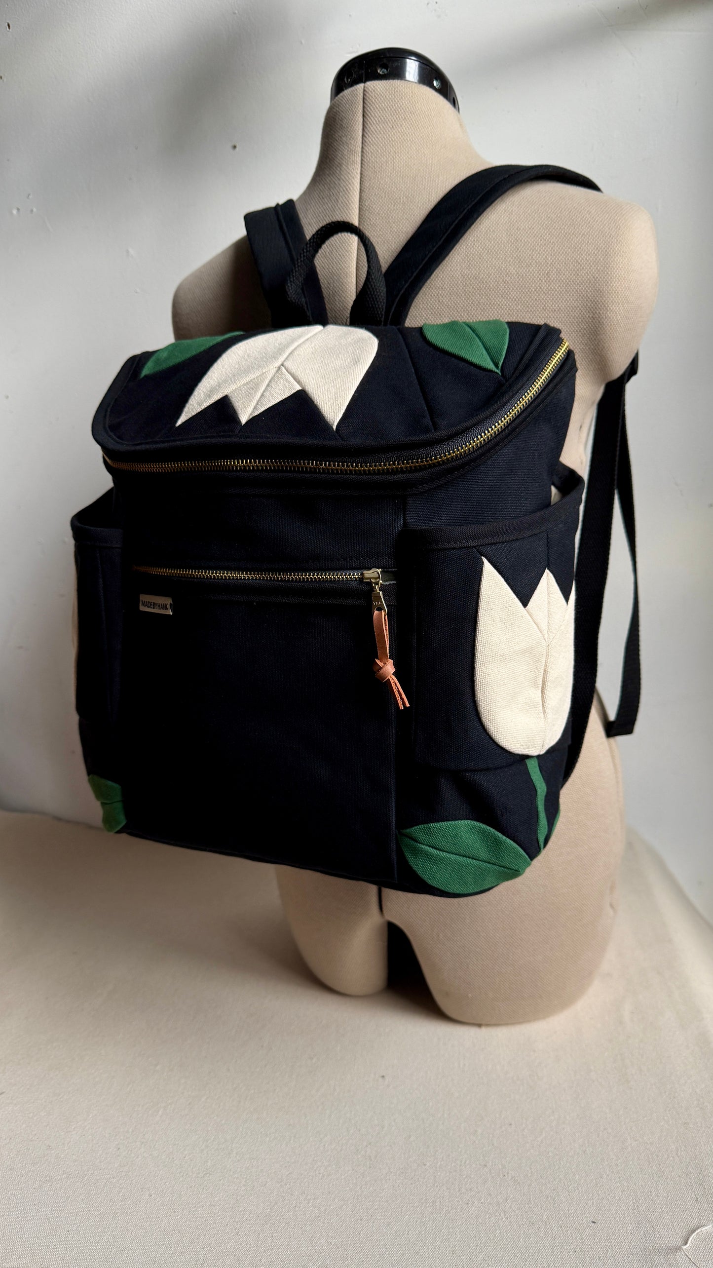 **PRE-ORDER** Roomier Backpack with Tulips, Black with Natural and Teal Green
