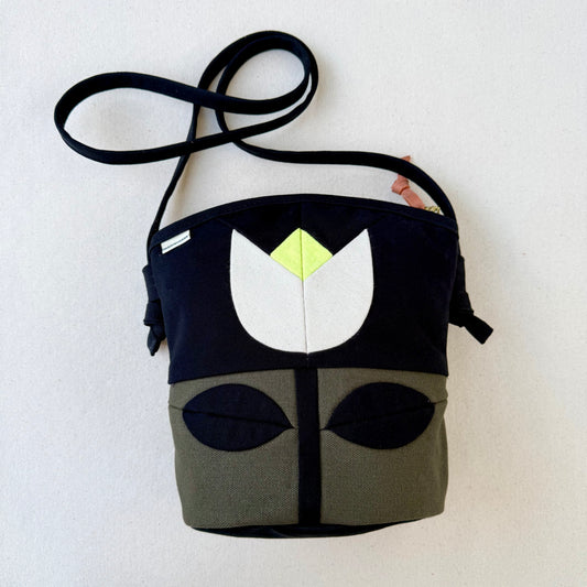 The Emmy Crossbody, pieced work tulip in dark olive/black/natural/neon