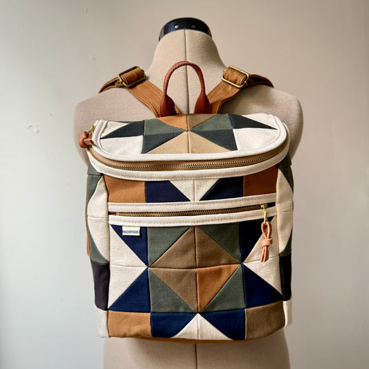 original size backpack, natural quilt star with dark sage green/midnight blue/mushroom/caramel