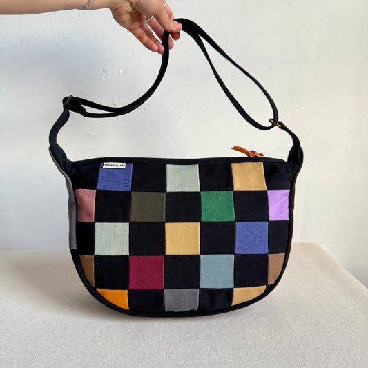checkerboard crescent bag, black with multi