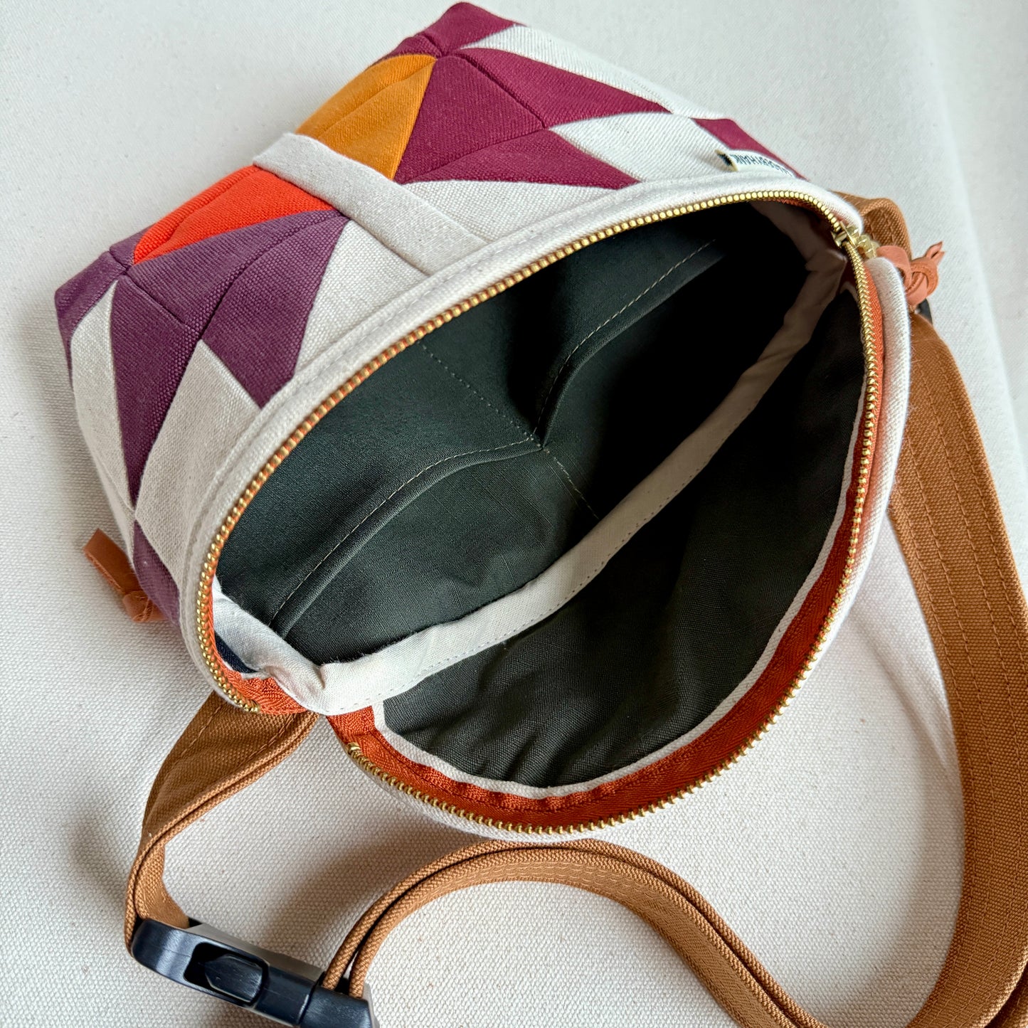 quilt star fanny bag, natural with wine/raisin/plum/tangerine