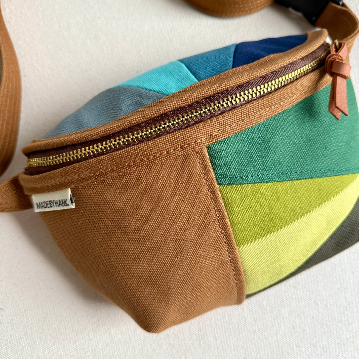 color block fanny bag, caramel with greens and blues