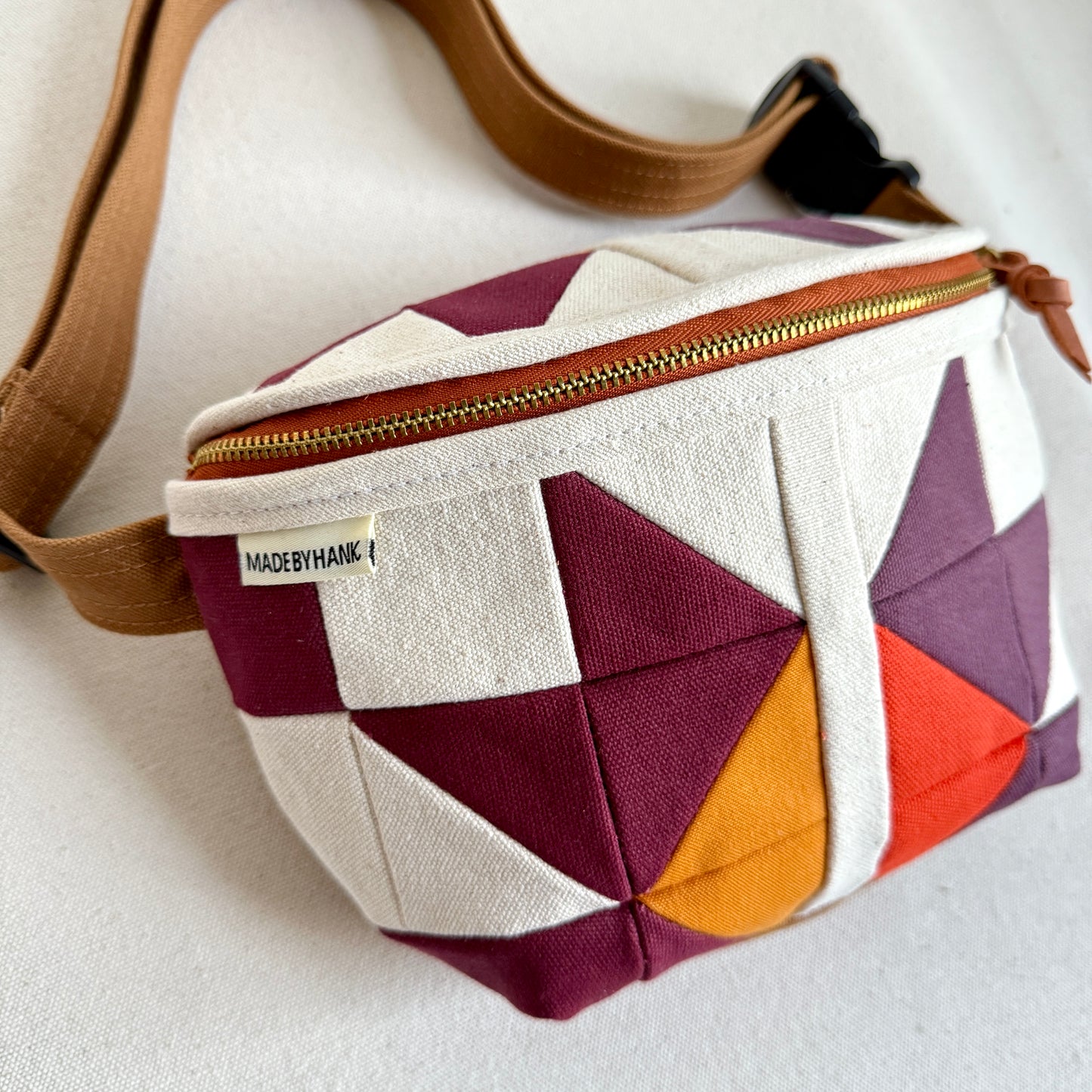 quilt star fanny bag, natural with wine/raisin/plum/tangerine