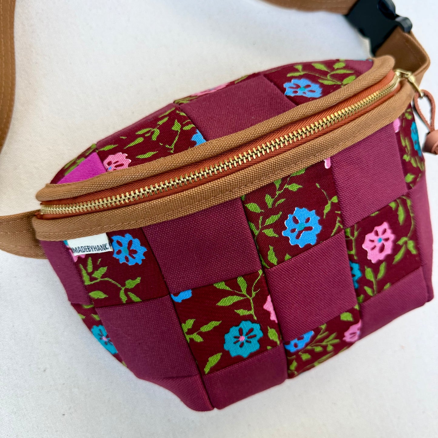 checkerboard fanny bag, wine and vintage floral print