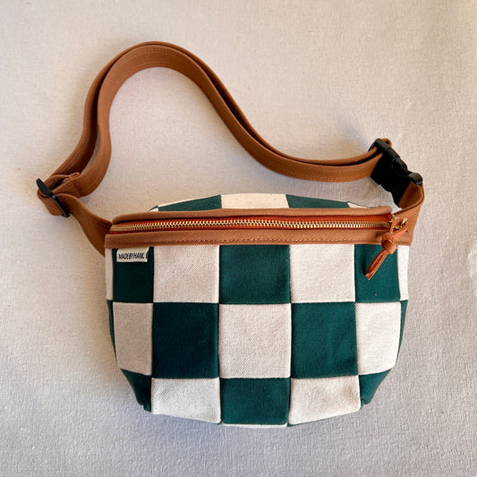 checkerboard fanny bag, spruce + natural with caramel trim