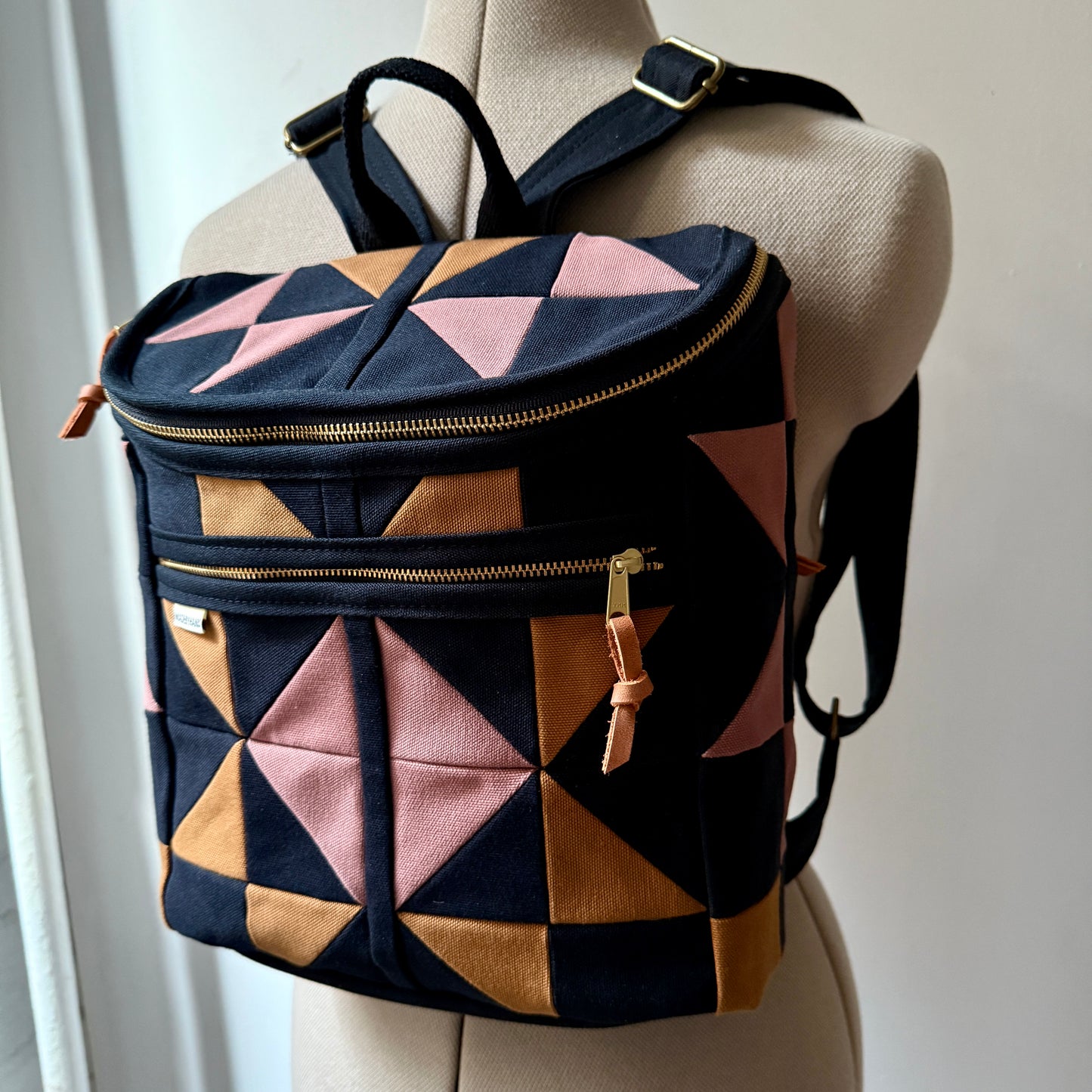 original size backpack, black quilt star with mauve and caramel