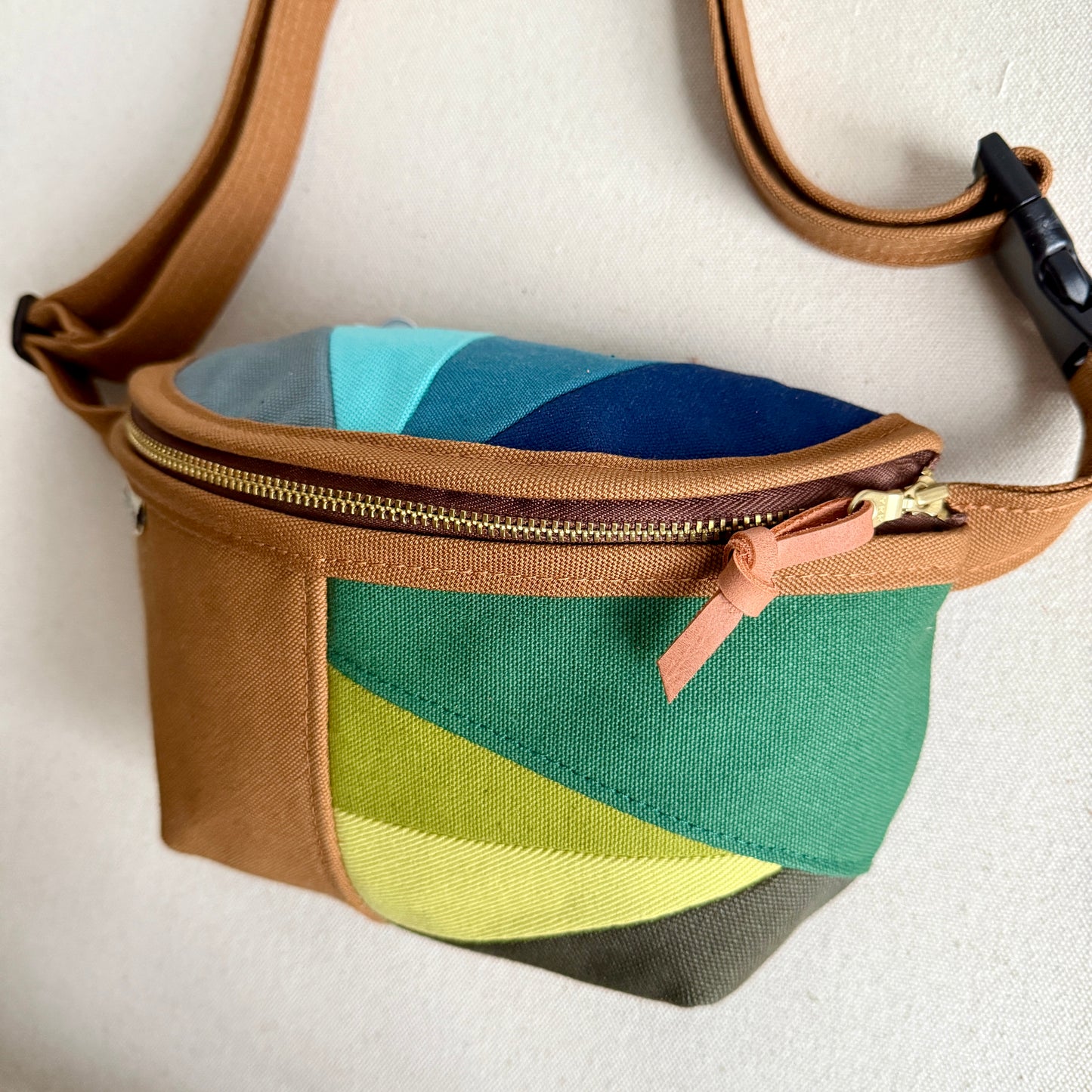 color block fanny bag, caramel with greens and blues