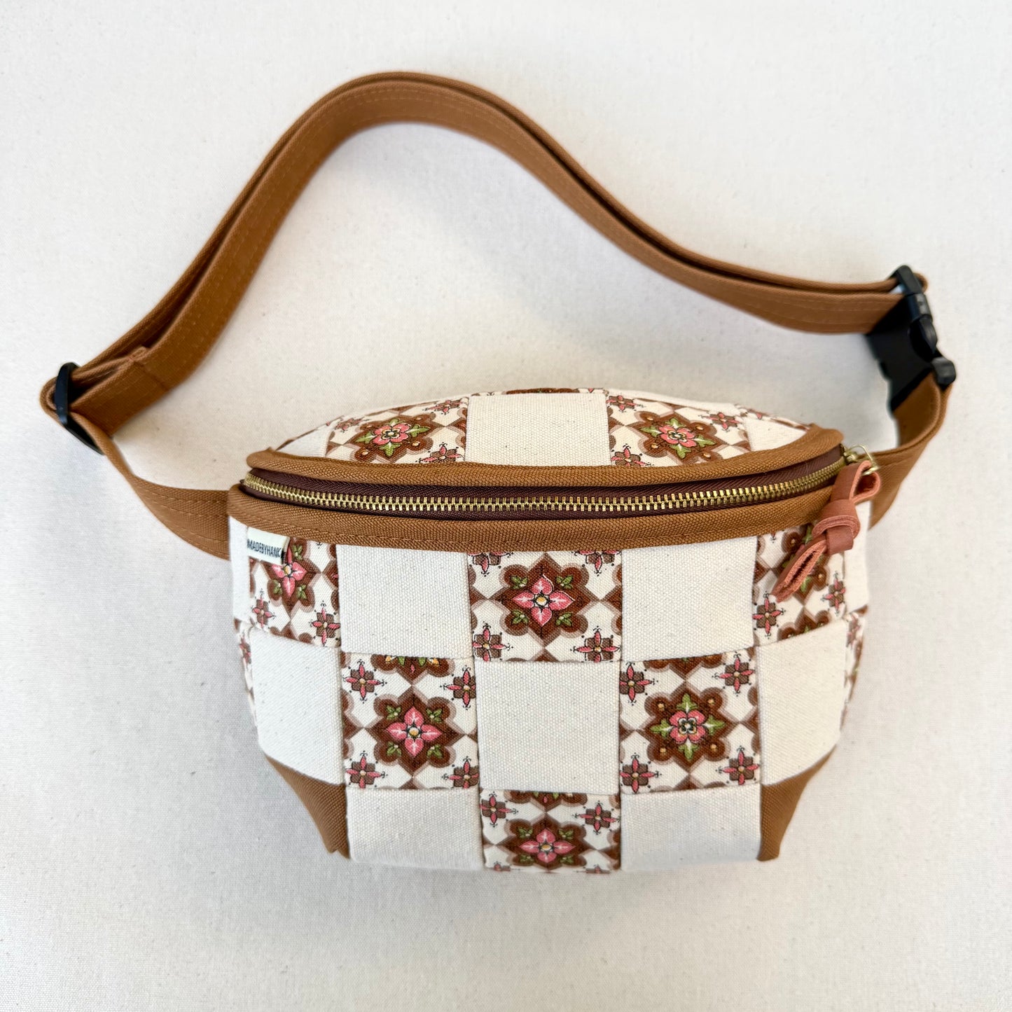 checkerboard fanny bag, natural with caramel + mauve vintage print
