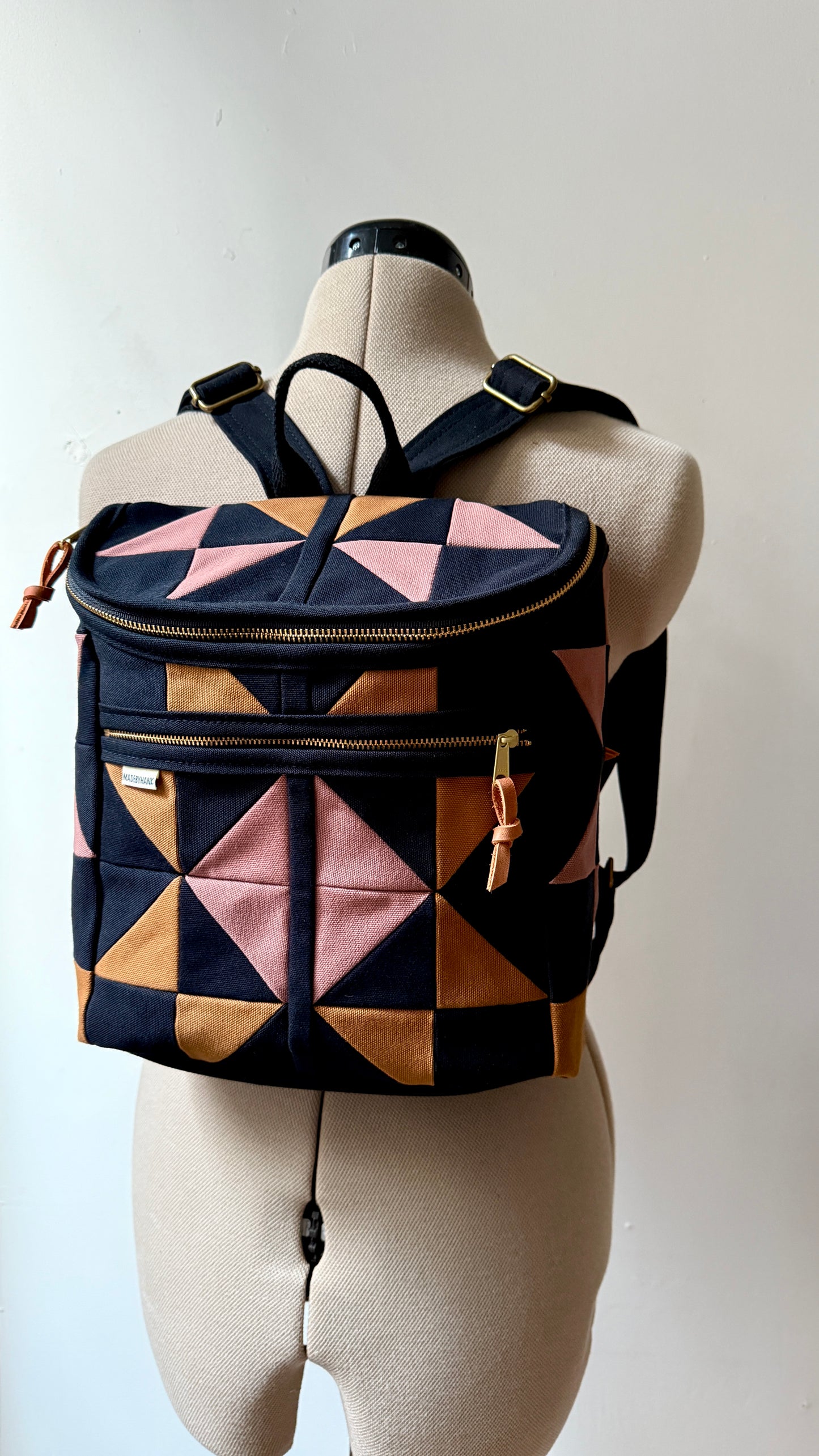 original size backpack, black quilt star with mauve and caramel