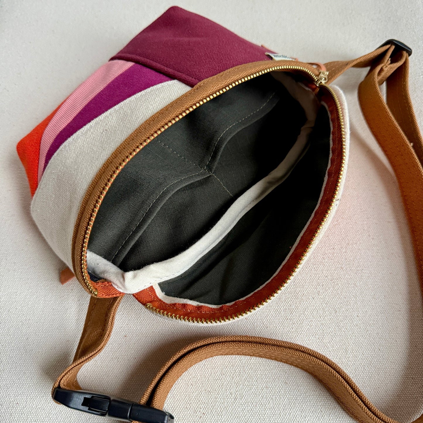color block fanny bag, raspberry/natural/pink/orange etc
